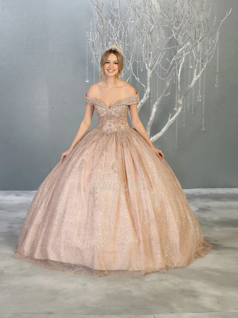 MQ LK151 - Glittery Off the Shoulders A-Line Ball Gown with Beaded Lace Bodice & Corset Back