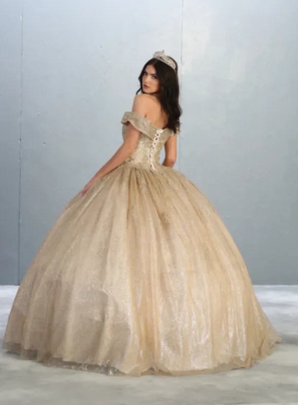 MQ LK151 - Glittery Off the Shoulders A-Line Ball Gown with Beaded Lace Bodice & Corset Back