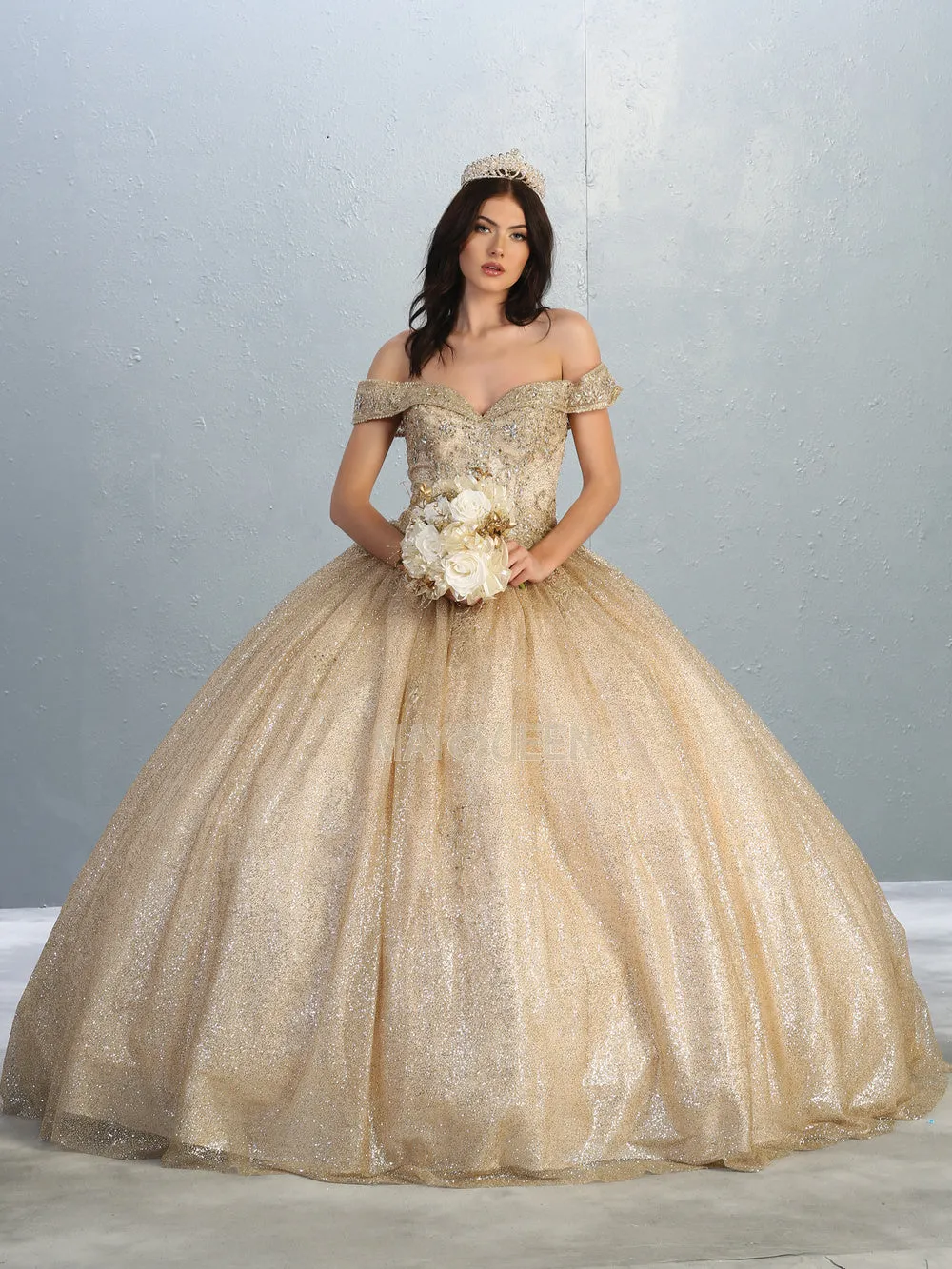 MQ LK151 - Glittery Off the Shoulders A-Line Ball Gown with Beaded Lace Bodice & Corset Back