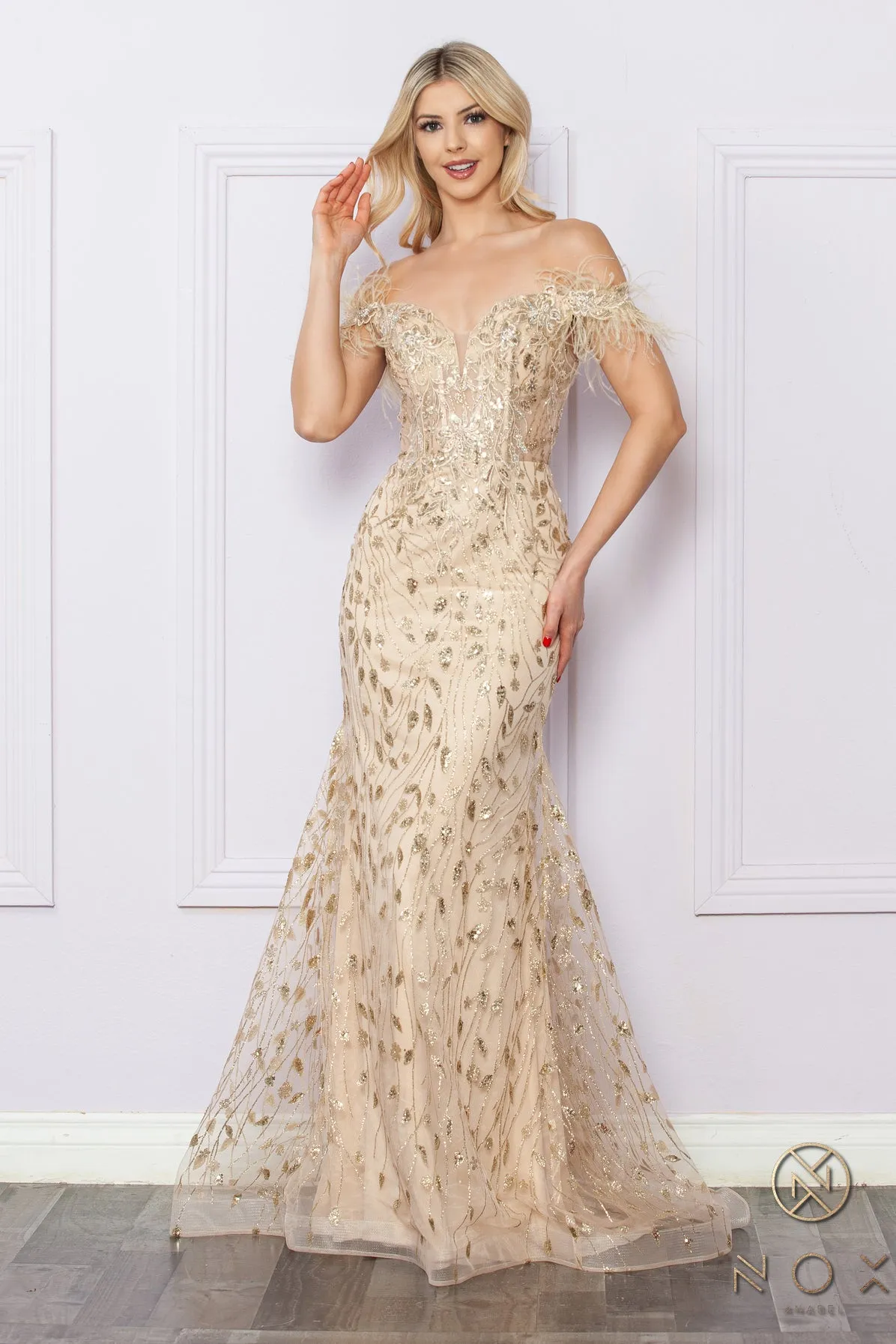 N L1255 - Off The Shoulder Glittery Lace Embellished Fit & Flare Prom Gown with Feather Accented Shoulders & Lace Up Corset Back