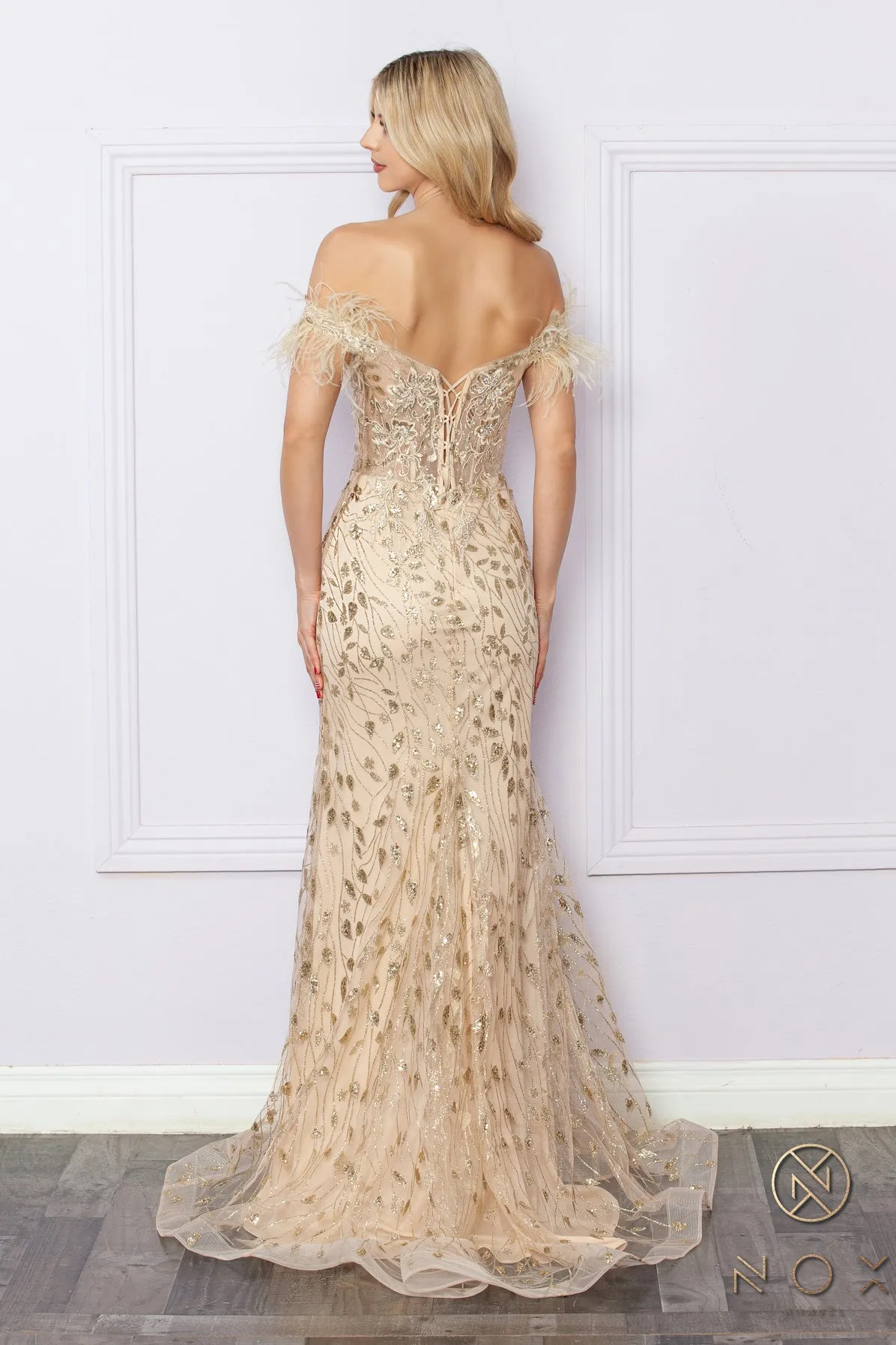 N L1255 - Off The Shoulder Glittery Lace Embellished Fit & Flare Prom Gown with Feather Accented Shoulders & Lace Up Corset Back
