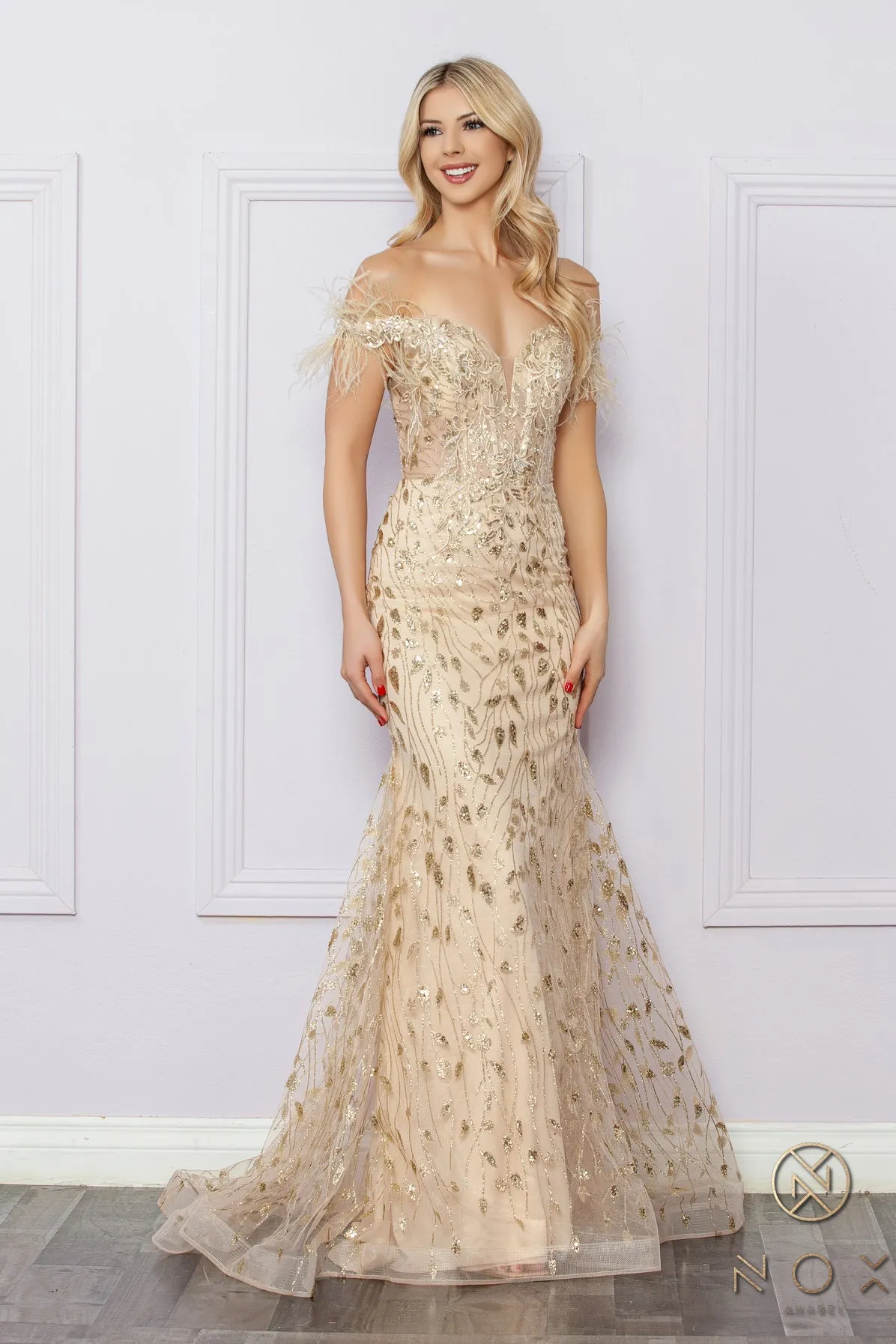 N L1255 - Off The Shoulder Glittery Lace Embellished Fit & Flare Prom Gown with Feather Accented Shoulders & Lace Up Corset Back