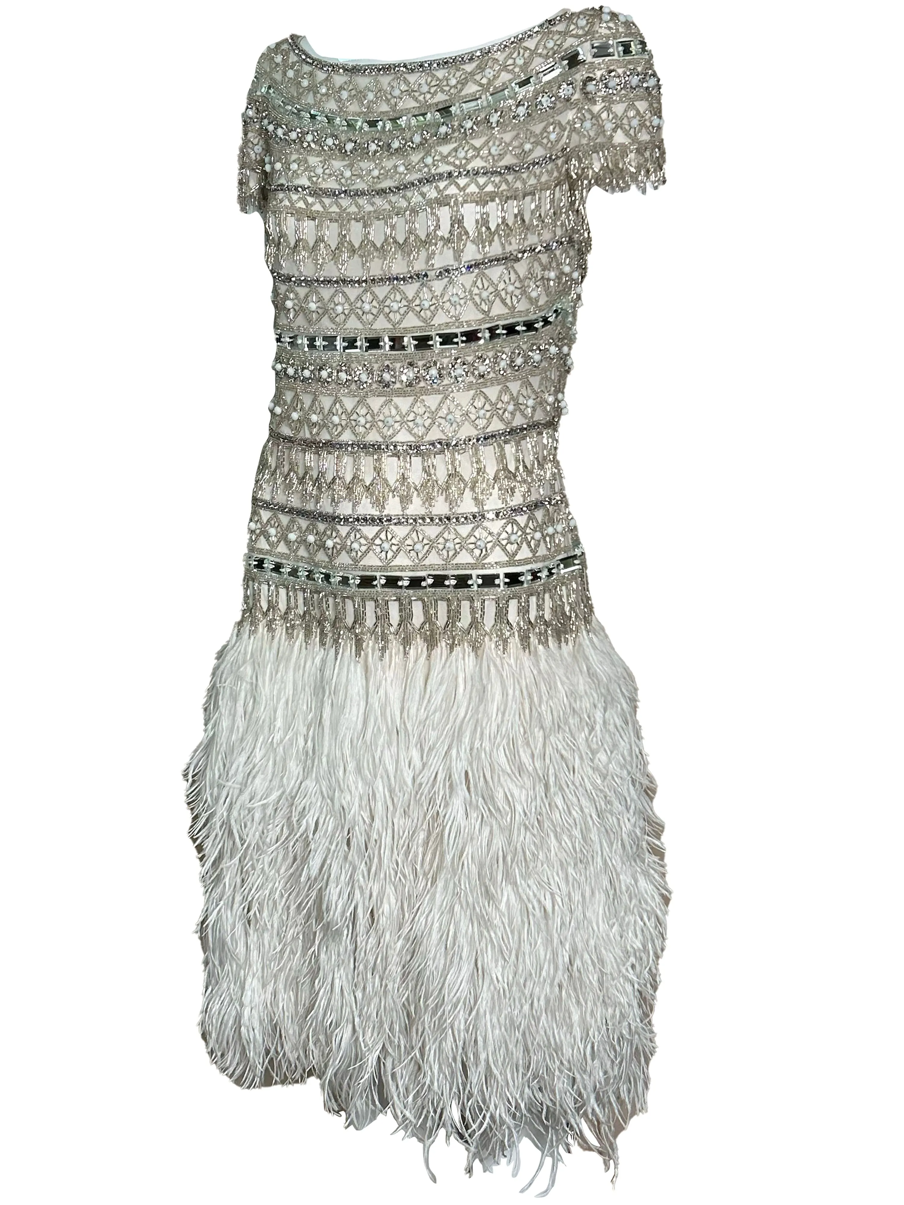 Naeem Khan 2014 White Sequin and Beaded Cocktail Dress with Feathers