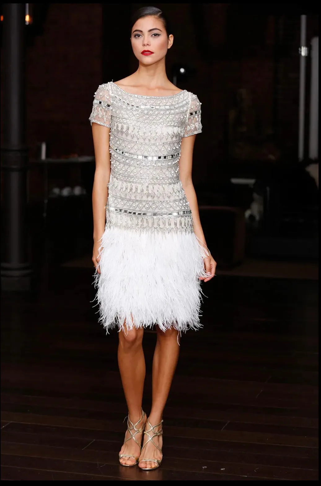 Naeem Khan 2014 White Sequin and Beaded Cocktail Dress with Feathers