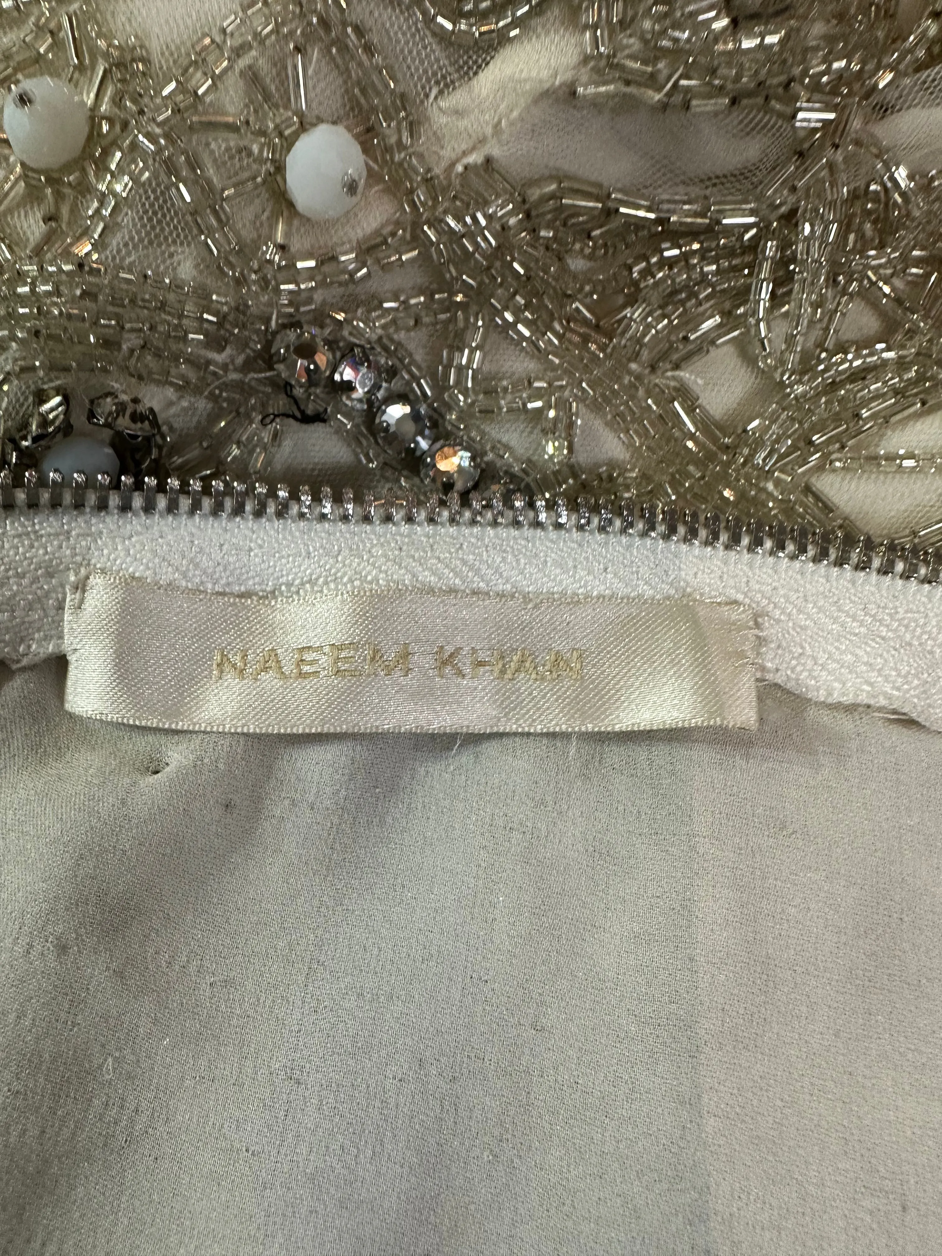 Naeem Khan 2014 White Sequin and Beaded Cocktail Dress with Feathers