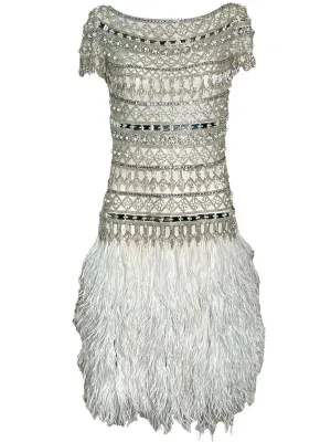 Naeem Khan 2014 White Sequin and Beaded Cocktail Dress with Feathers