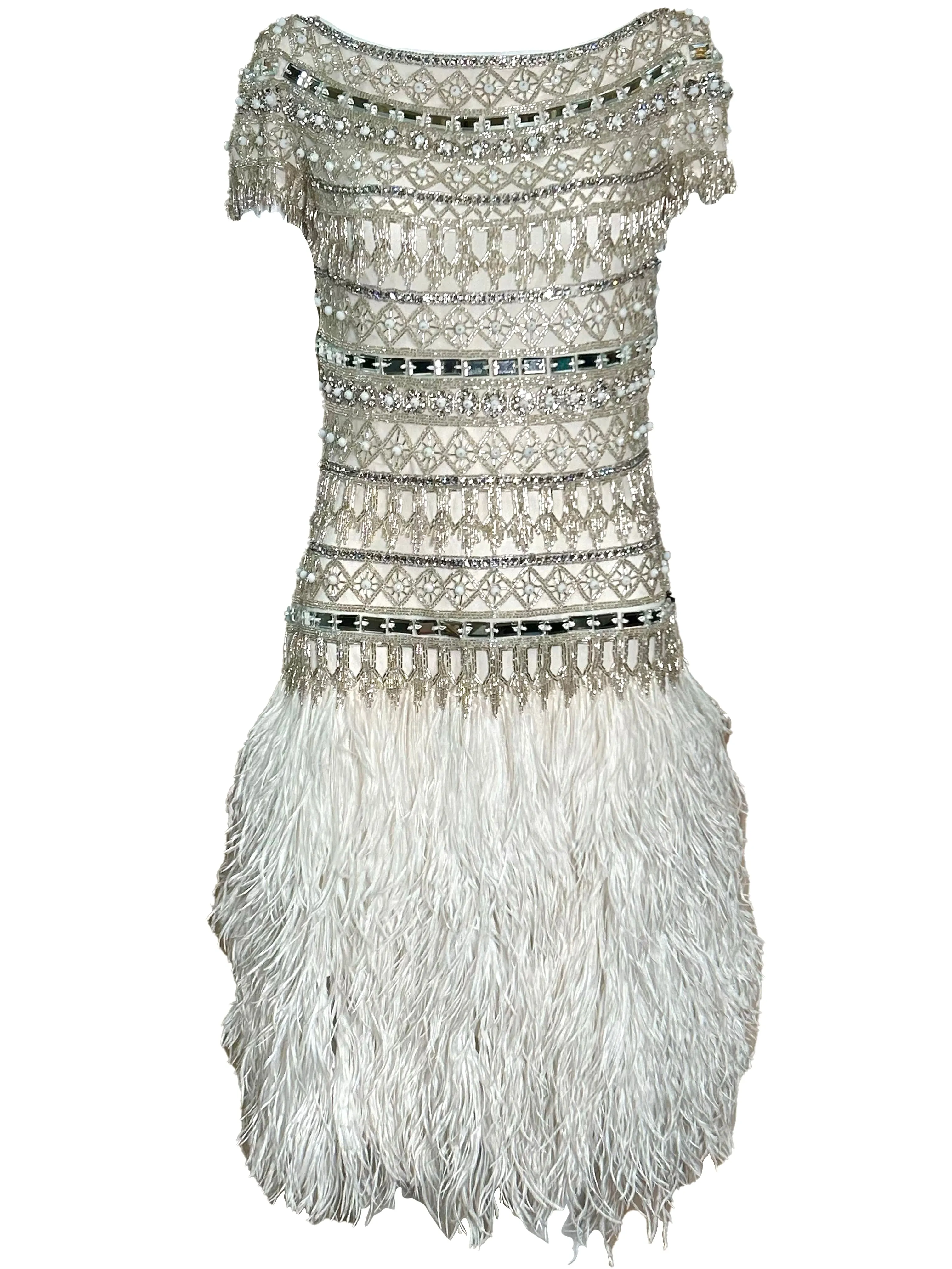 Naeem Khan 2014 White Sequin and Beaded Cocktail Dress with Feathers