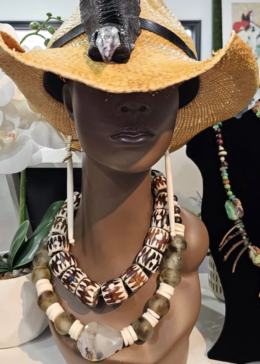 Natural Stone (Agate, Ghana Glass beads & Bone) Necklace  by Tonnie's Chest