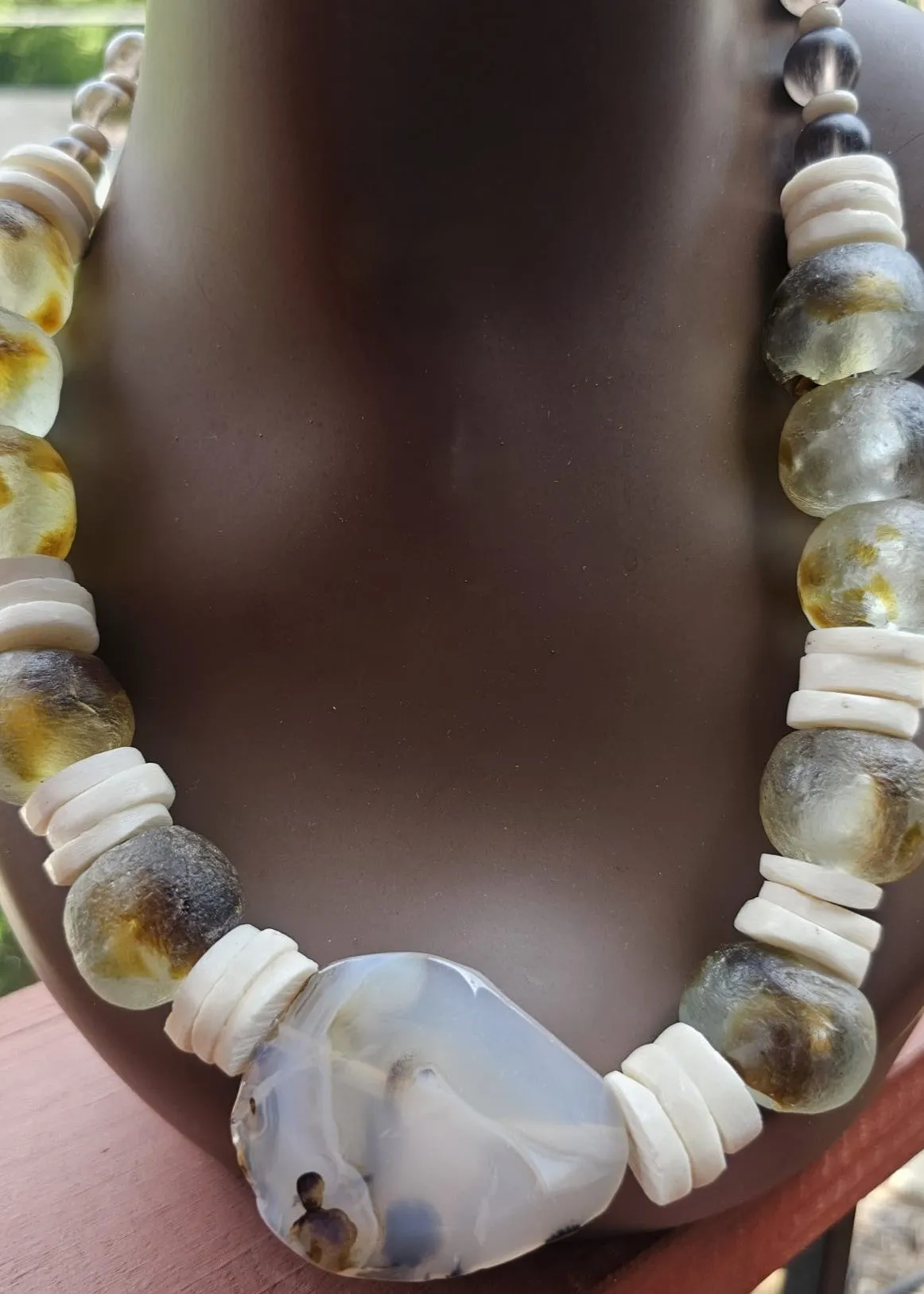 Natural Stone (Agate, Ghana Glass beads & Bone) Necklace  by Tonnie's Chest