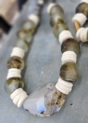 Natural Stone (Agate, Ghana Glass beads & Bone) Necklace  by Tonnie's Chest