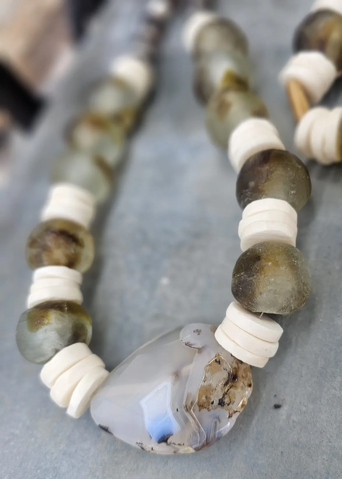Natural Stone (Agate, Ghana Glass beads & Bone) Necklace  by Tonnie's Chest