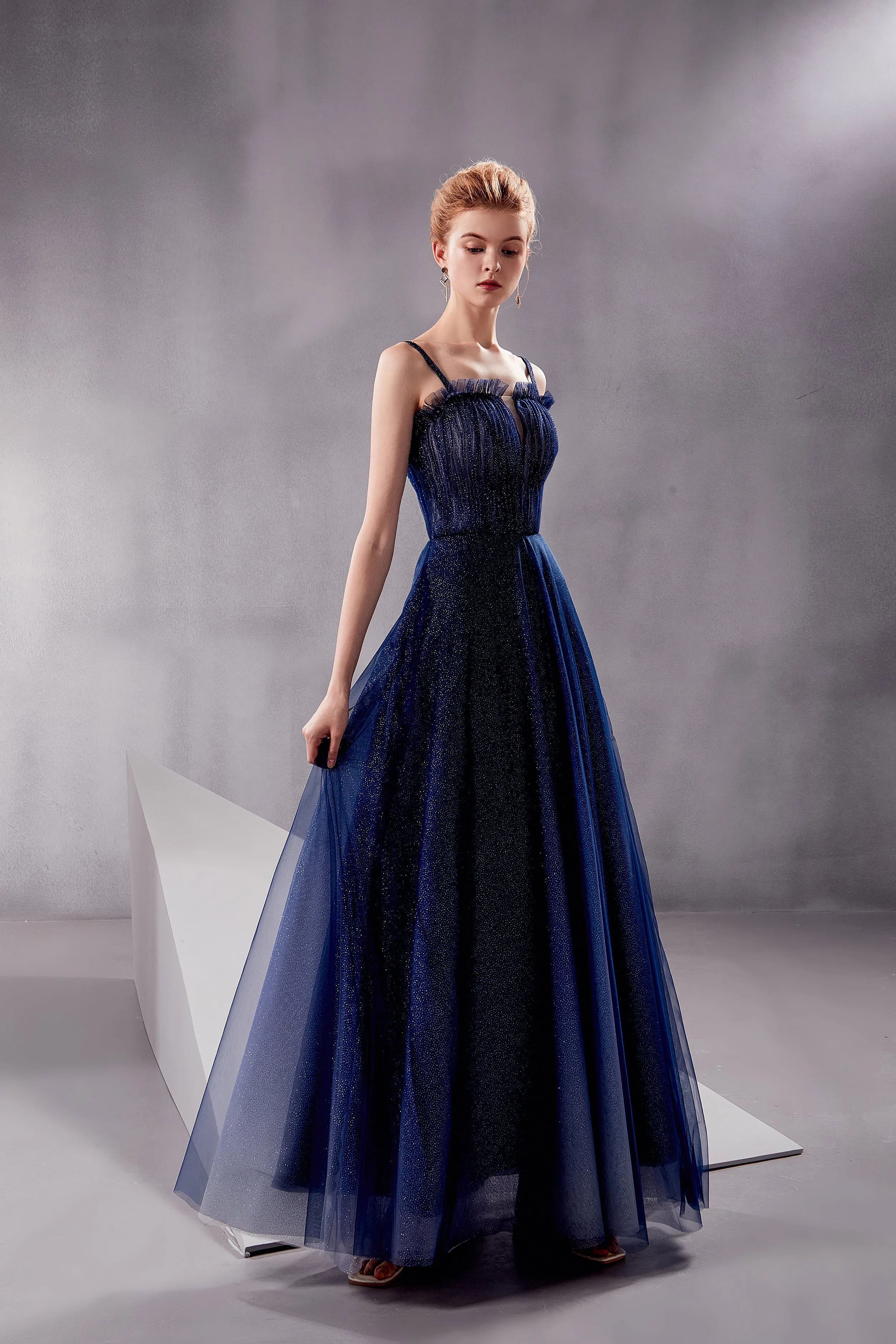 Nebula - Selena Huan glittering white-blue gradient color strap prom dress