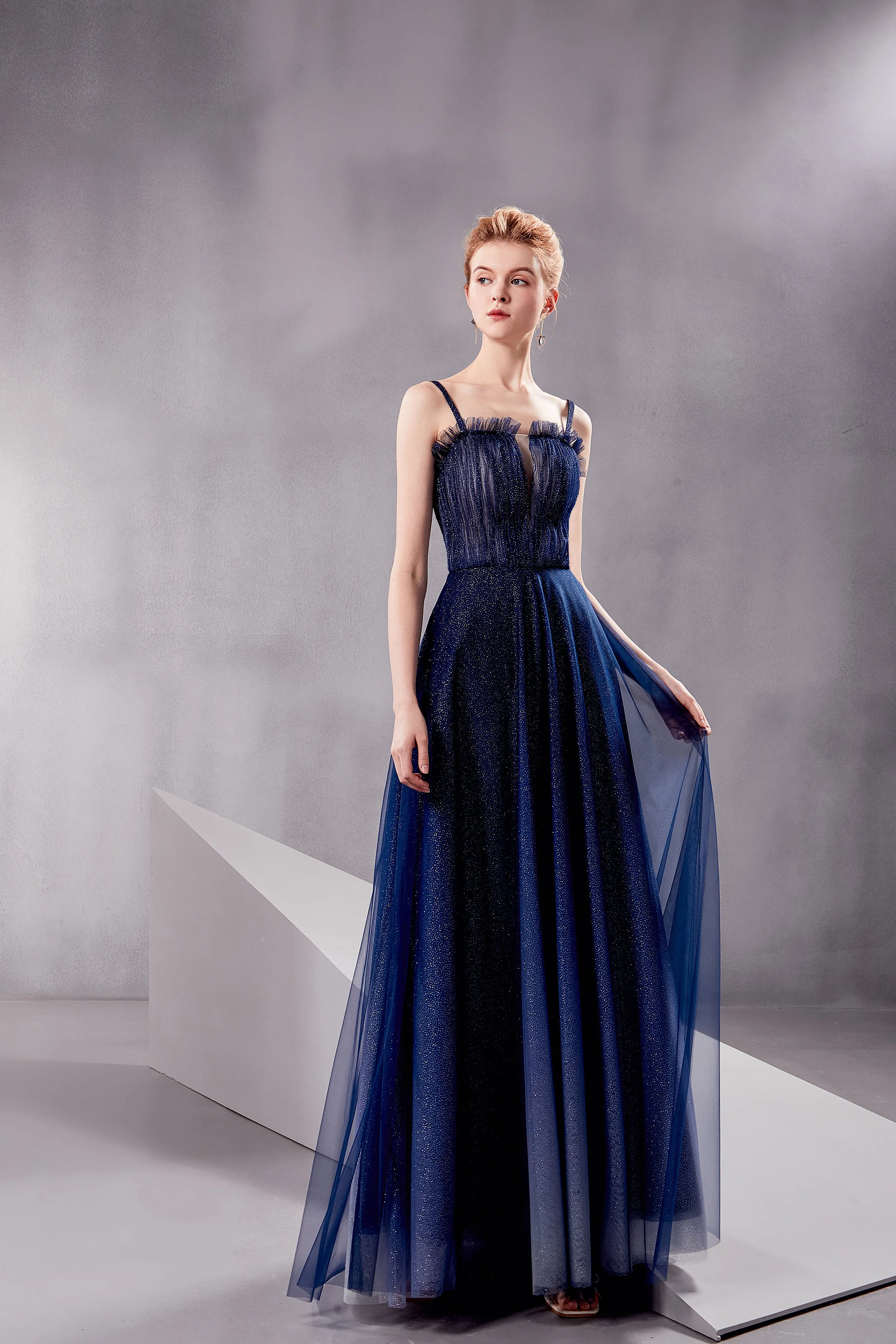 Nebula - Selena Huan glittering white-blue gradient color strap prom dress