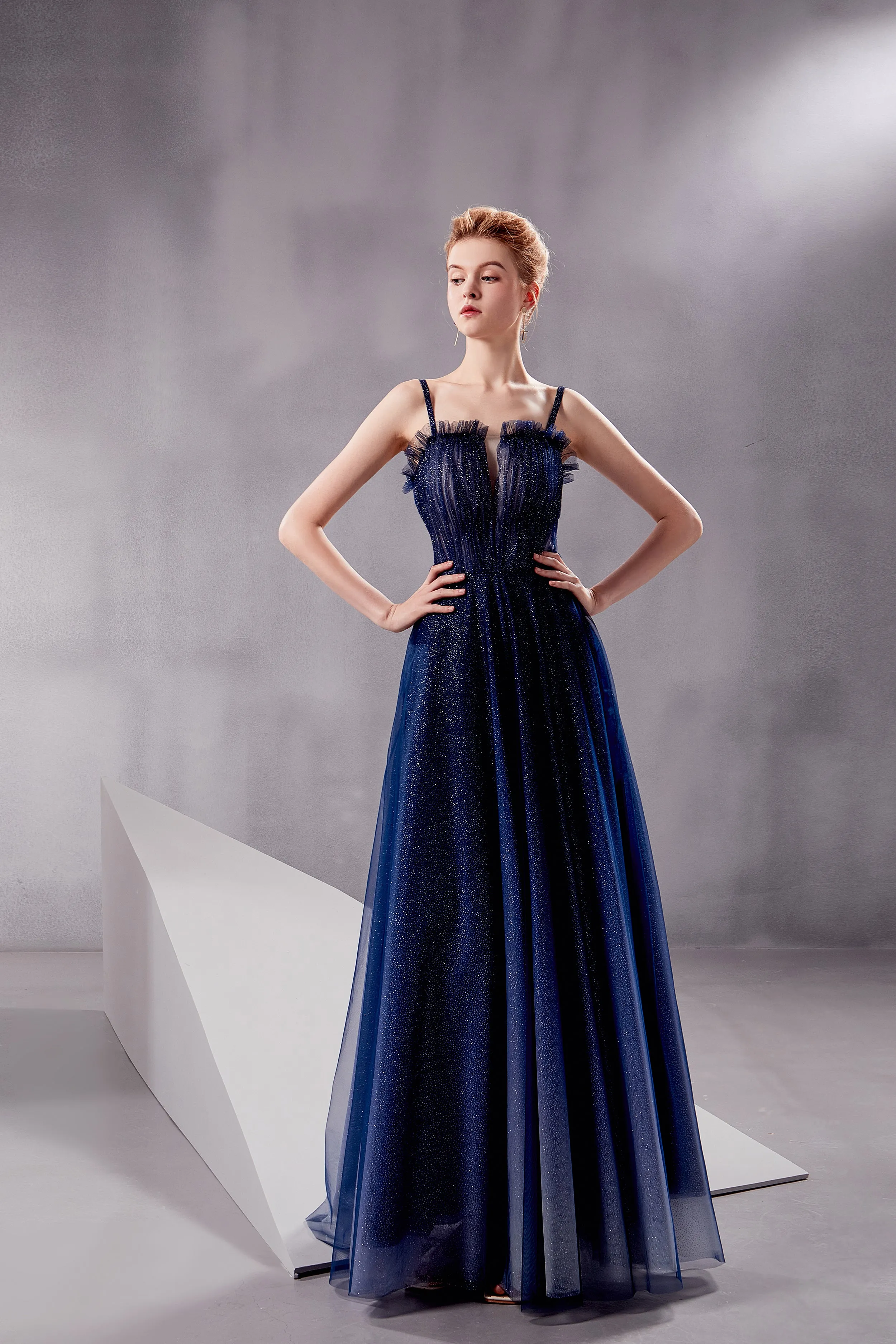 Nebula - Selena Huan glittering white-blue gradient color strap prom dress