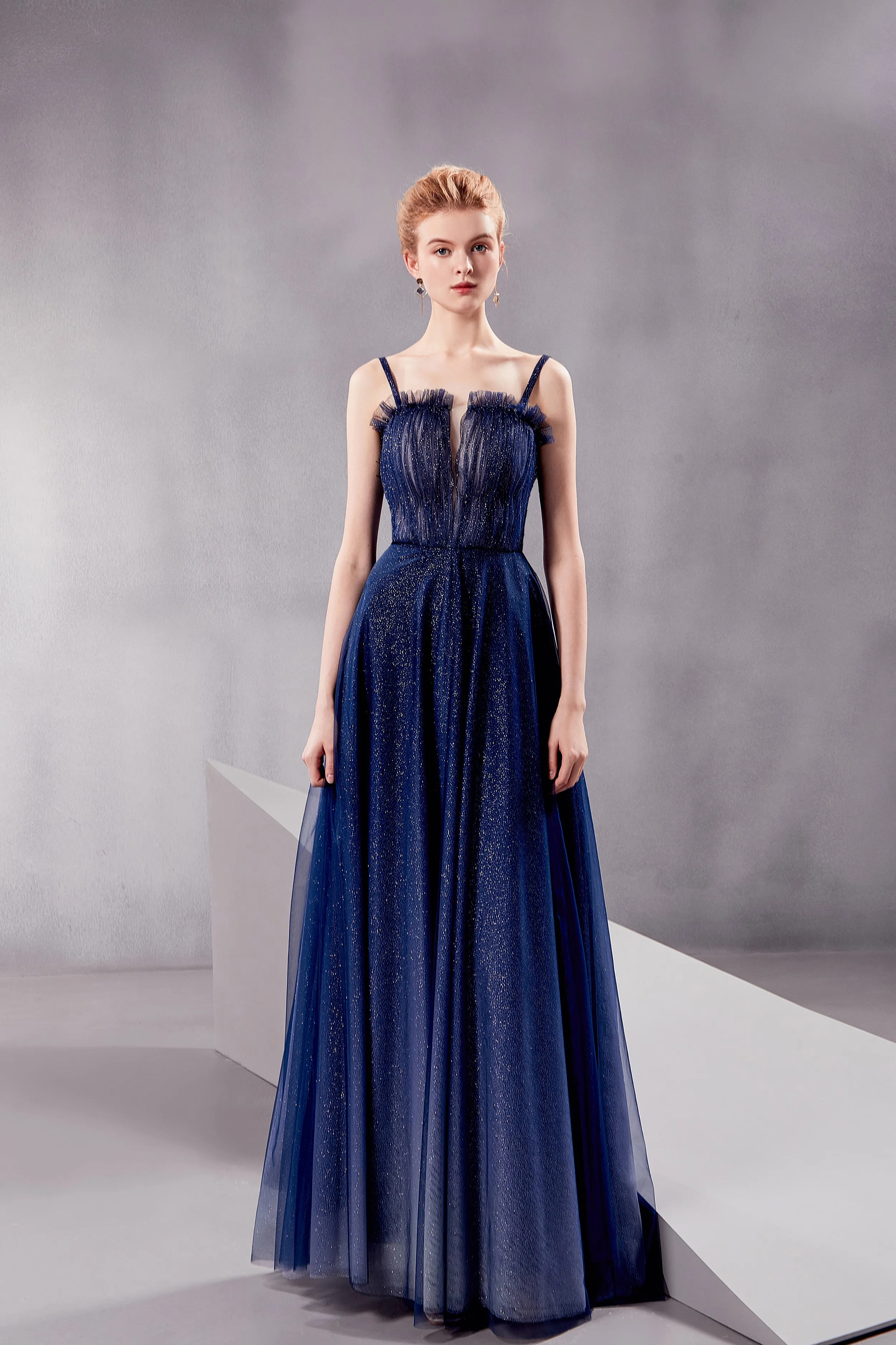 Nebula - Selena Huan glittering white-blue gradient color strap prom dress