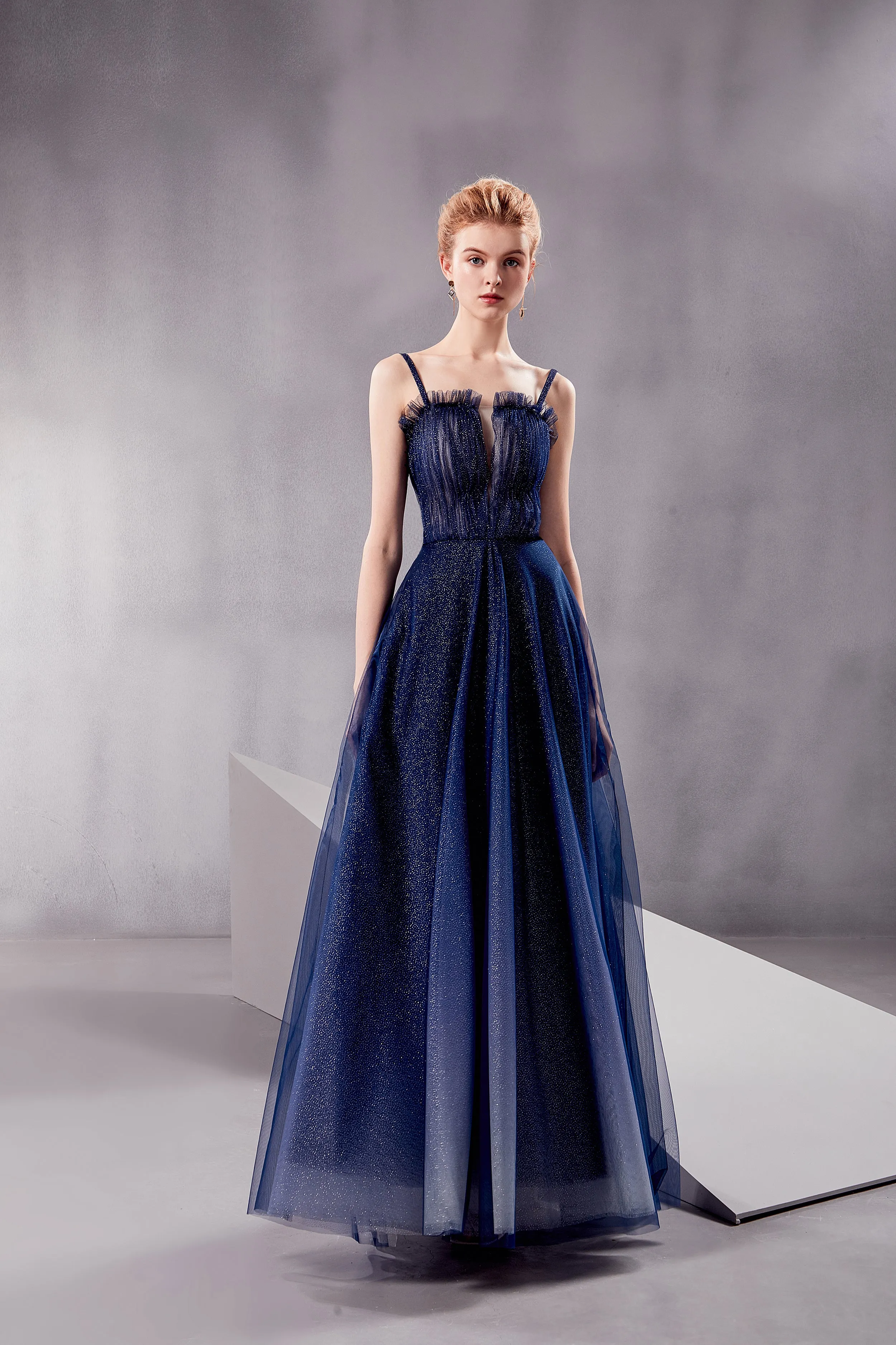 Nebula - Selena Huan glittering white-blue gradient color strap prom dress