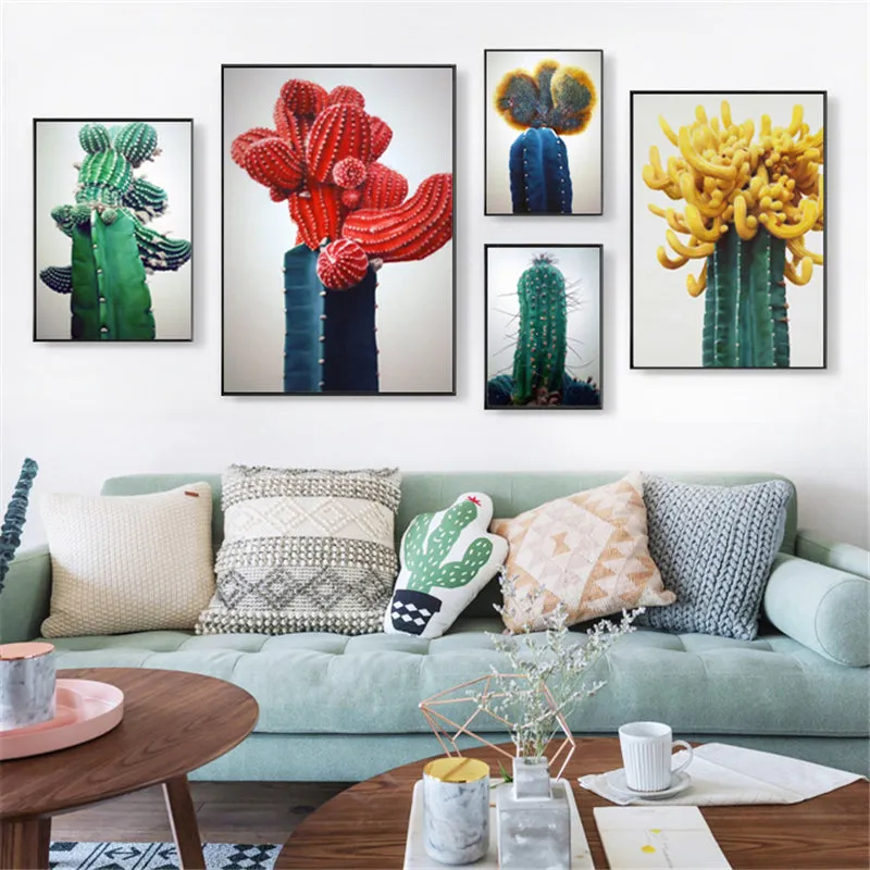 Nordic Red Blue Cactus Wall Art