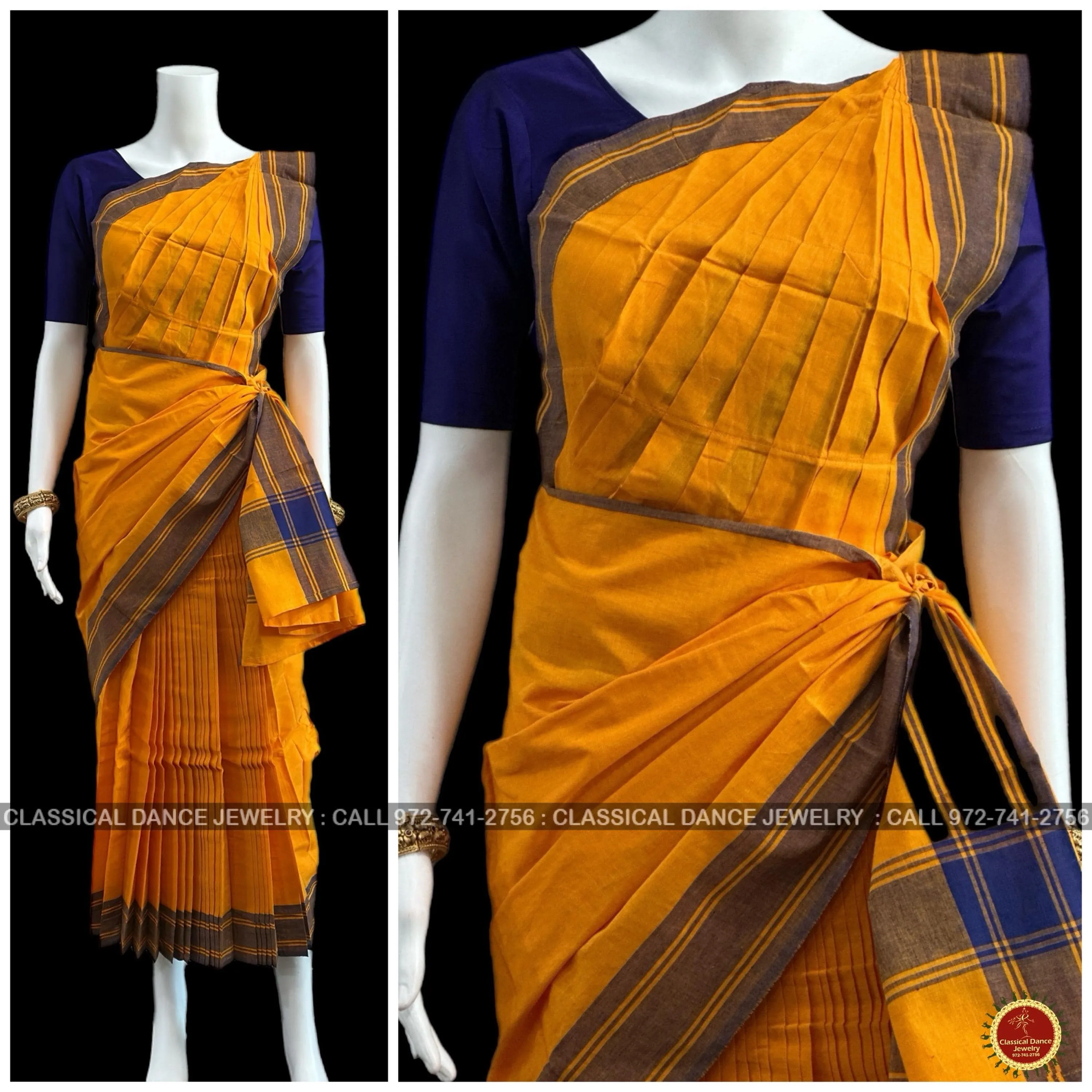 ORANGE Pre-stitched Practice Sari PURPLE BLUE Blouse | Half Saree Kalakshethra Sari | Bharatnatyam Kuchipudi Folk | Classical Dance Jewelry