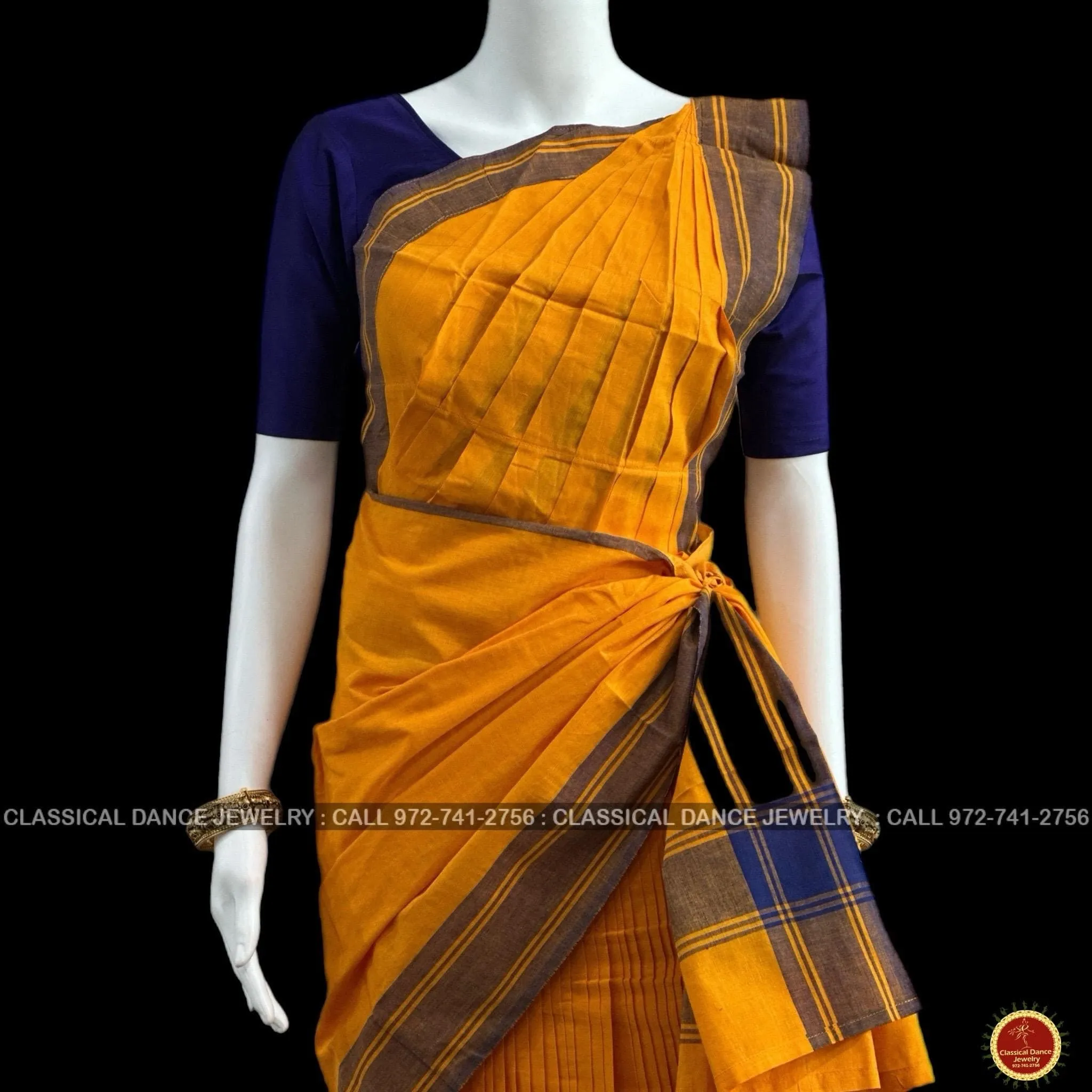 ORANGE Pre-stitched Practice Sari PURPLE BLUE Blouse | Half Saree Kalakshethra Sari | Bharatnatyam Kuchipudi Folk | Classical Dance Jewelry