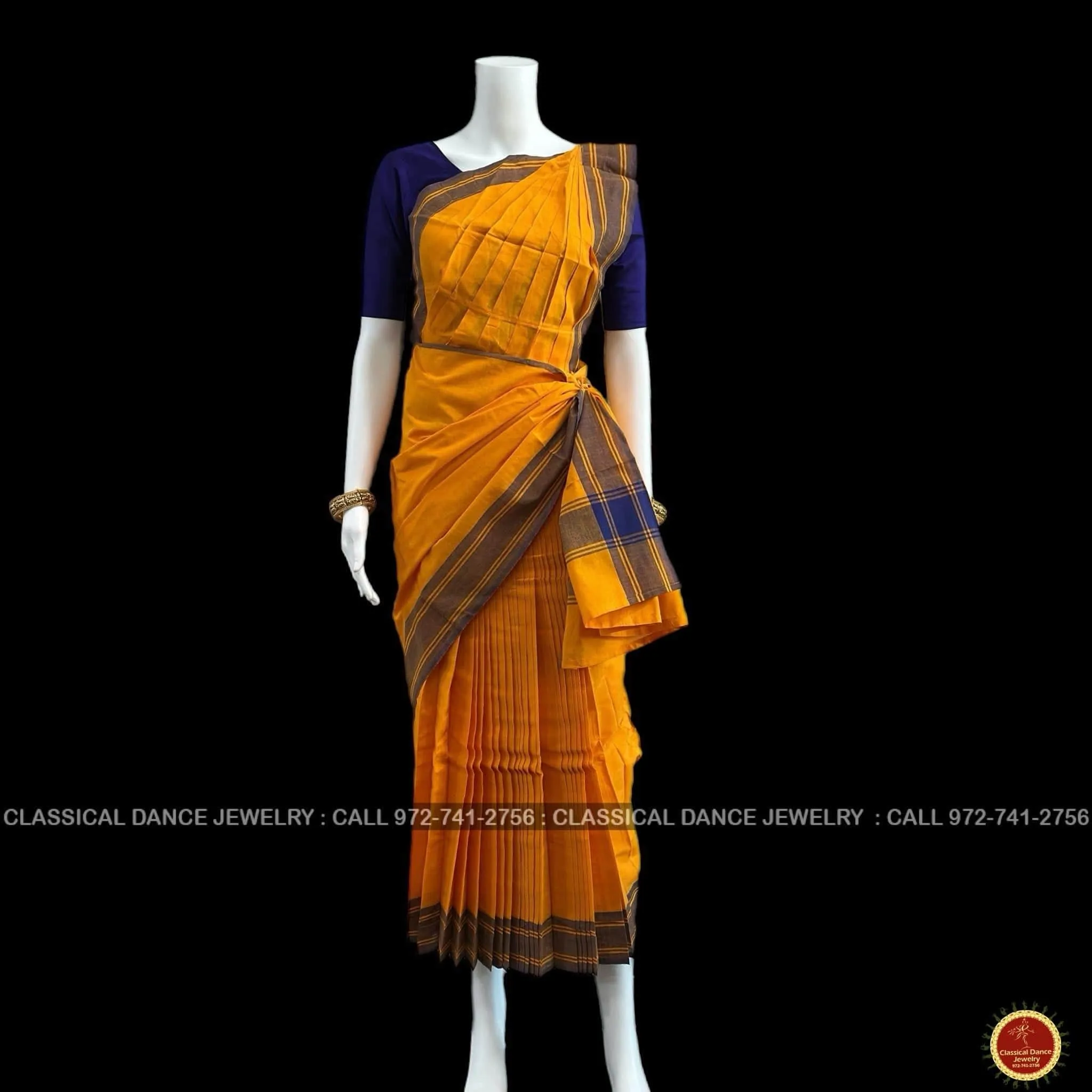 ORANGE Pre-stitched Practice Sari PURPLE BLUE Blouse | Half Saree Kalakshethra Sari | Bharatnatyam Kuchipudi Folk | Classical Dance Jewelry