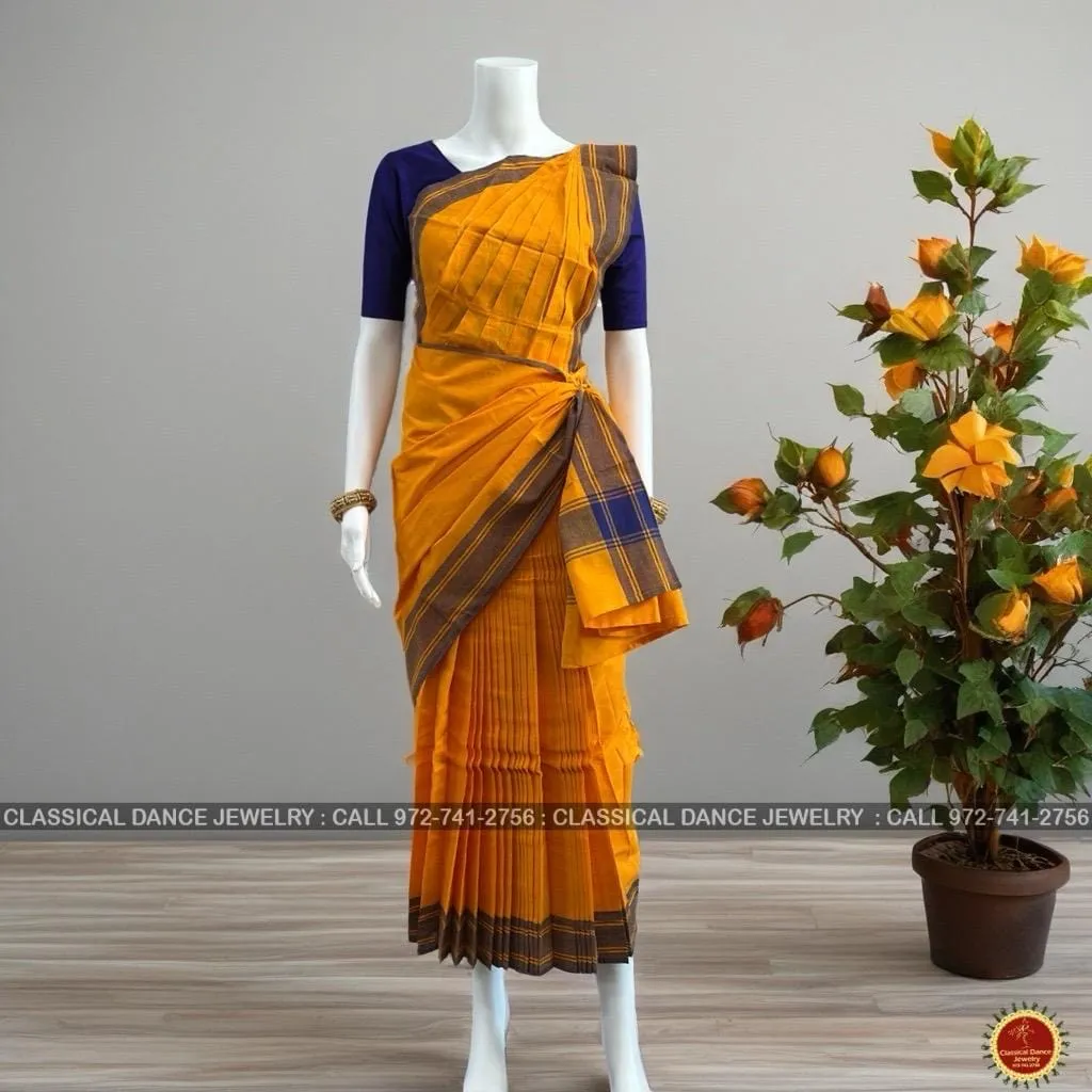 ORANGE Pre-stitched Practice Sari PURPLE BLUE Blouse | Half Saree Kalakshethra Sari | Bharatnatyam Kuchipudi Folk | Classical Dance Jewelry