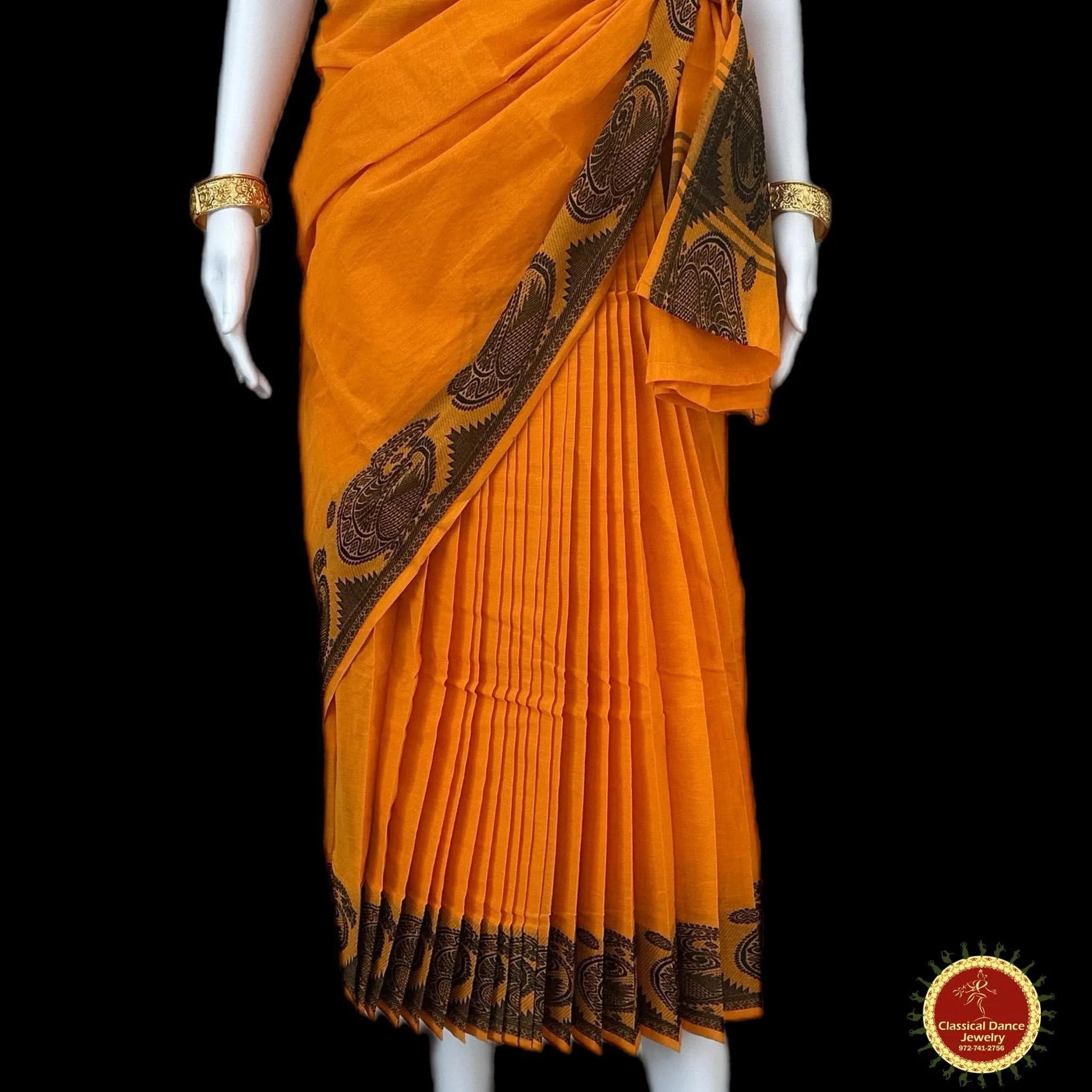 ORANGE YELLOW Pre-stitched Practice Sari BLACK Blouse | Half Saree Kalakshethra Sari | Bharatnatyam Kuchipudi Folk | Classical Dance Jewelry