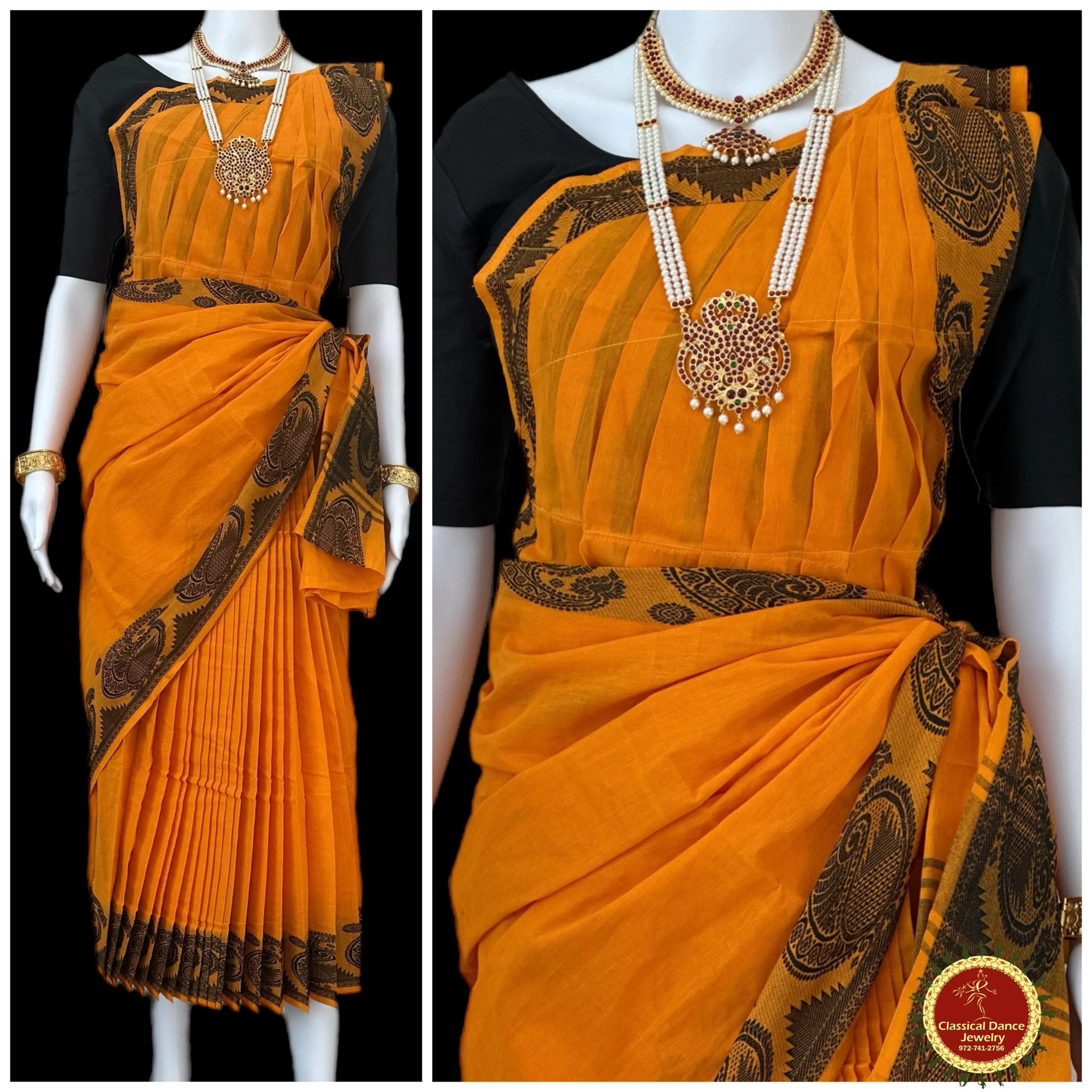ORANGE YELLOW Pre-stitched Practice Sari BLACK Blouse | Half Saree Kalakshethra Sari | Bharatnatyam Kuchipudi Folk | Classical Dance Jewelry