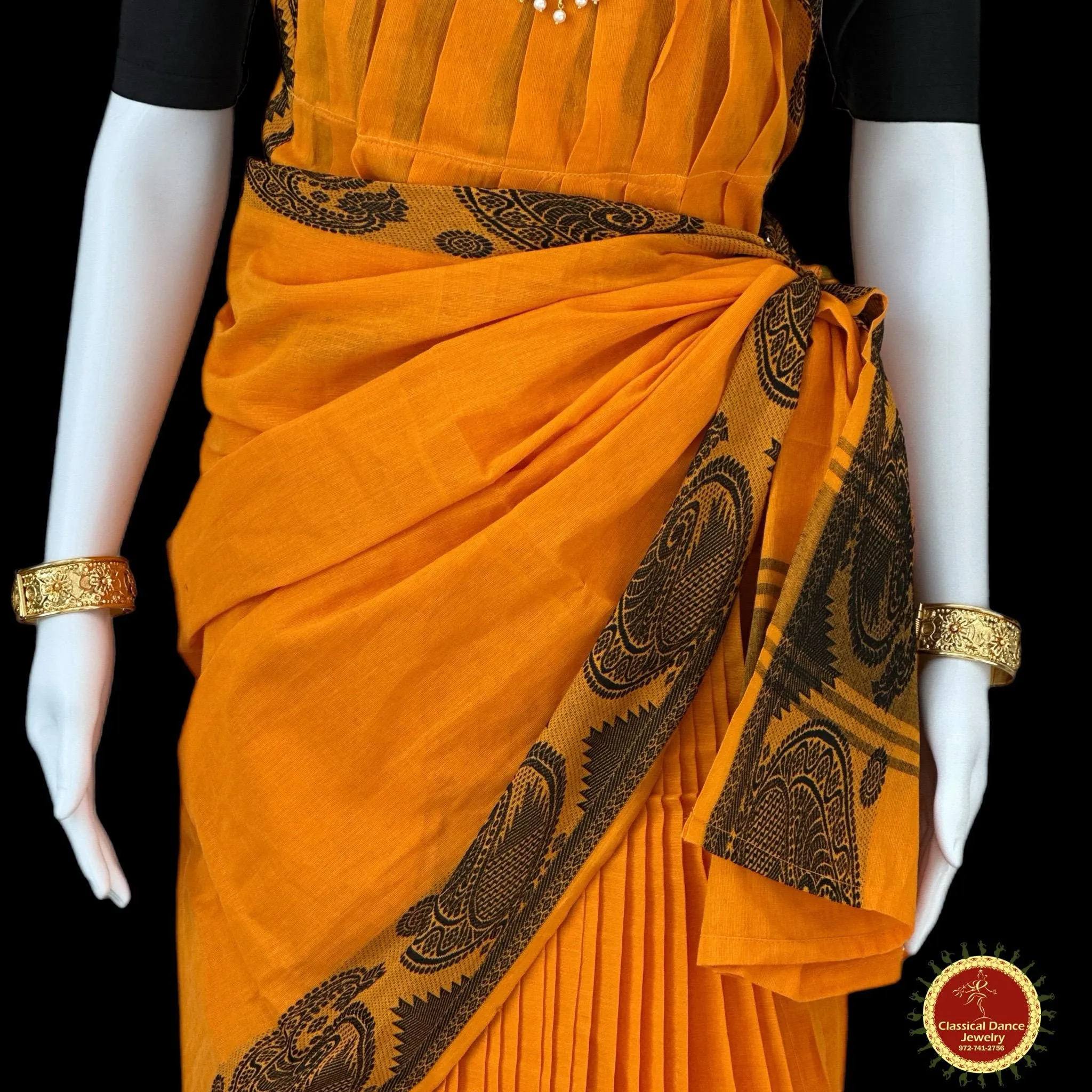 ORANGE YELLOW Pre-stitched Practice Sari BLACK Blouse | Half Saree Kalakshethra Sari | Bharatnatyam Kuchipudi Folk | Classical Dance Jewelry