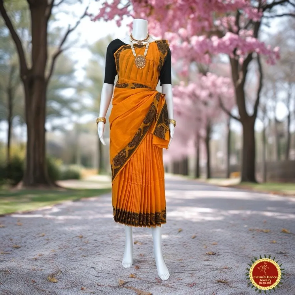 ORANGE YELLOW Pre-stitched Practice Sari BLACK Blouse | Half Saree Kalakshethra Sari | Bharatnatyam Kuchipudi Folk | Classical Dance Jewelry