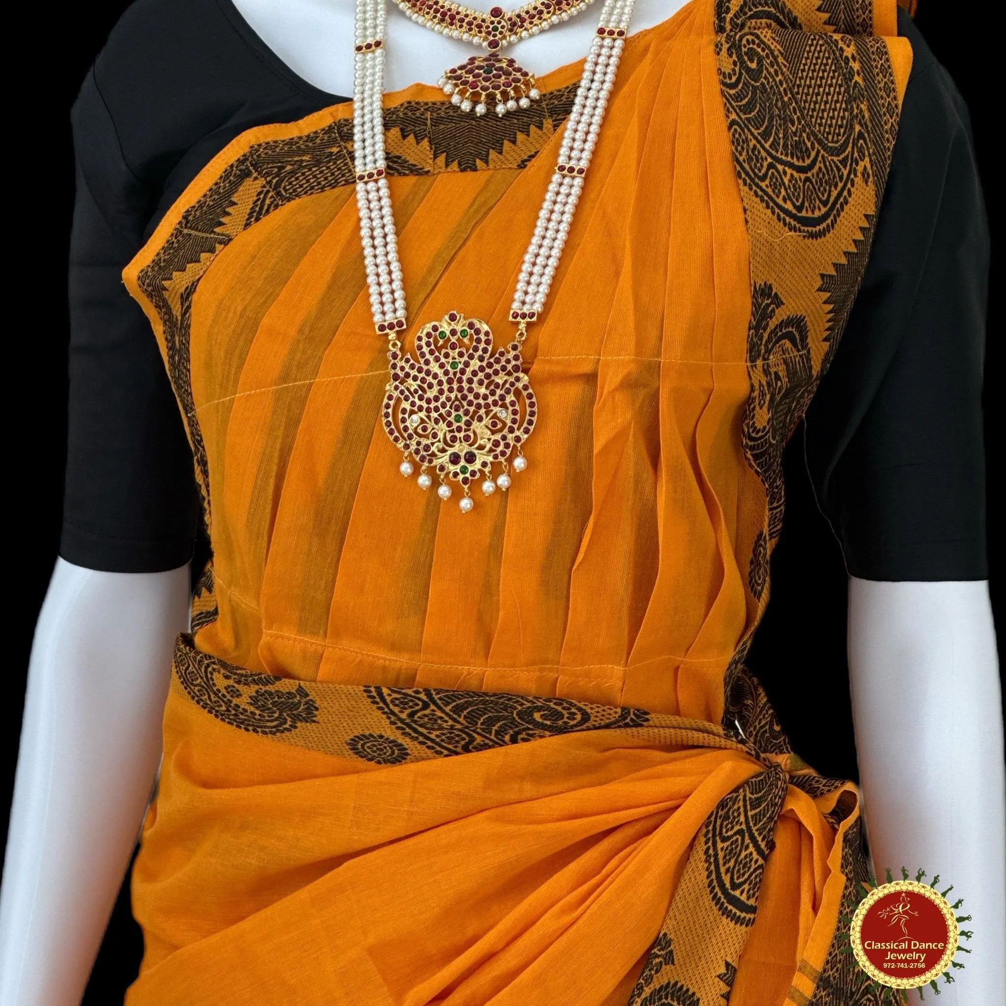 ORANGE YELLOW Pre-stitched Practice Sari BLACK Blouse | Half Saree Kalakshethra Sari | Bharatnatyam Kuchipudi Folk | Classical Dance Jewelry