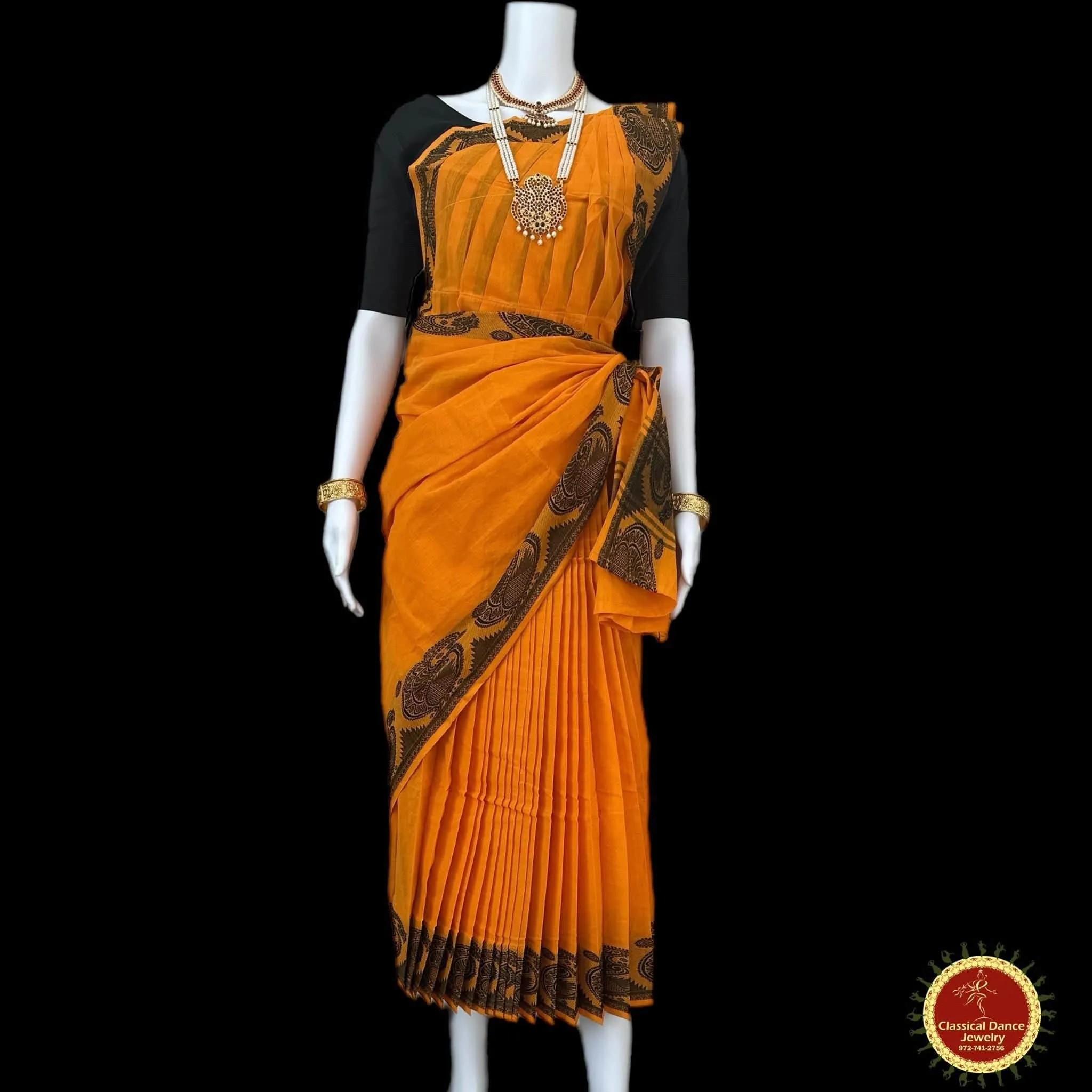 ORANGE YELLOW Pre-stitched Practice Sari BLACK Blouse | Half Saree Kalakshethra Sari | Bharatnatyam Kuchipudi Folk | Classical Dance Jewelry