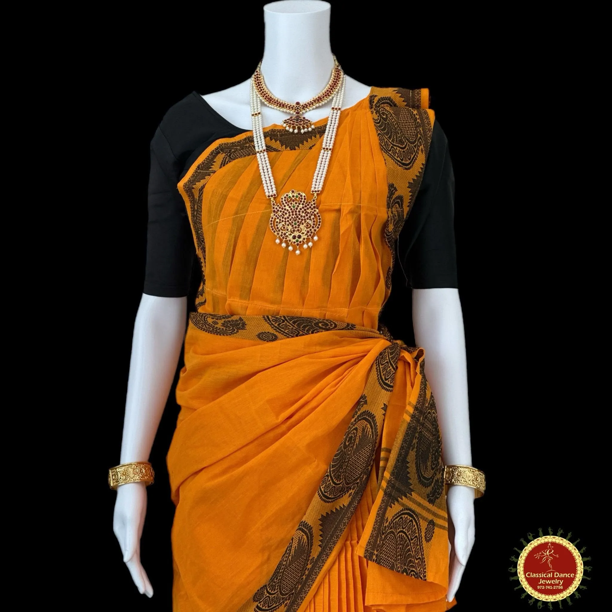 ORANGE YELLOW Pre-stitched Practice Sari BLACK Blouse | Half Saree Kalakshethra Sari | Bharatnatyam Kuchipudi Folk | Classical Dance Jewelry