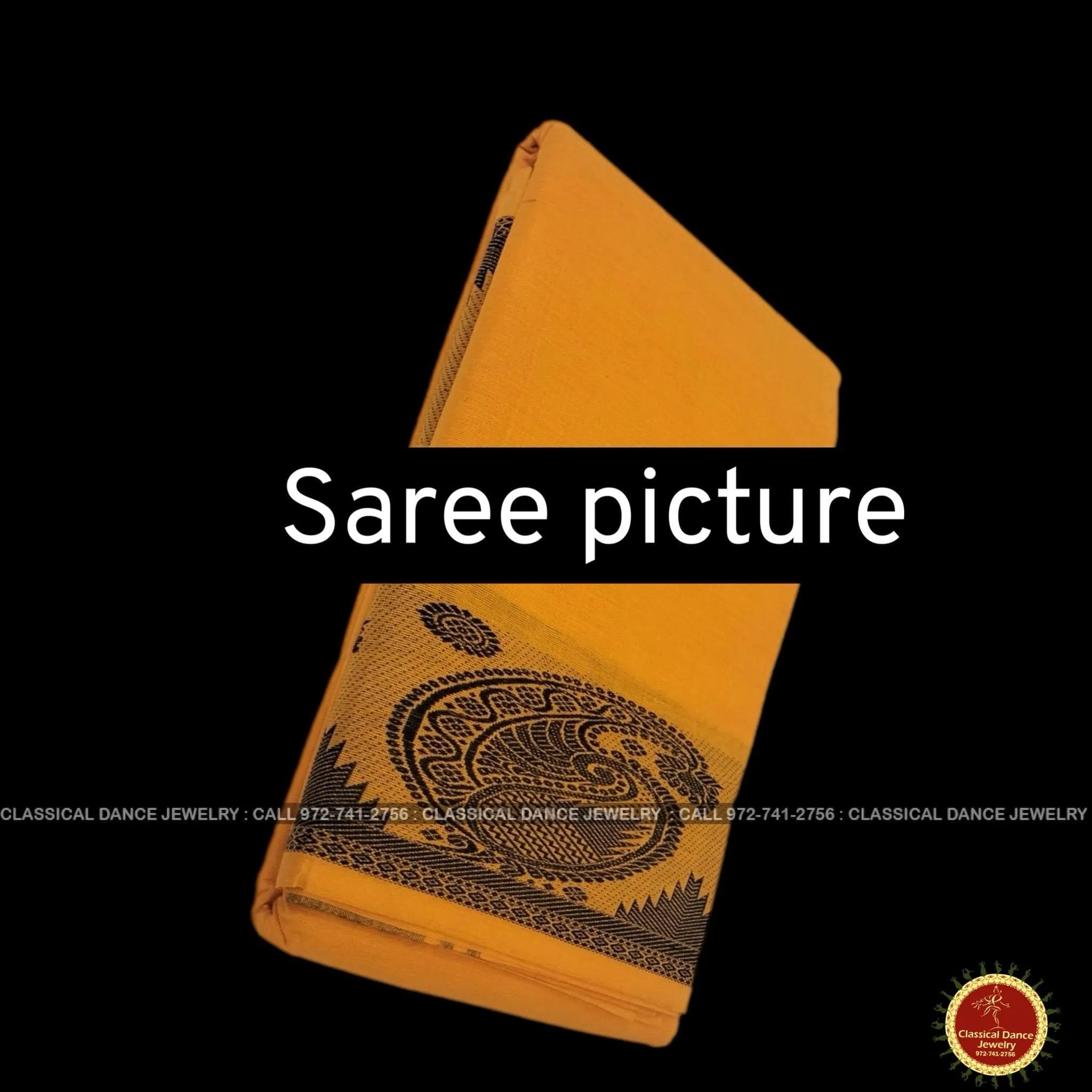 ORANGE YELLOW Pre-stitched Practice Sari BLACK Blouse | Half Saree Kalakshethra Sari | Bharatnatyam Kuchipudi Folk | Classical Dance Jewelry