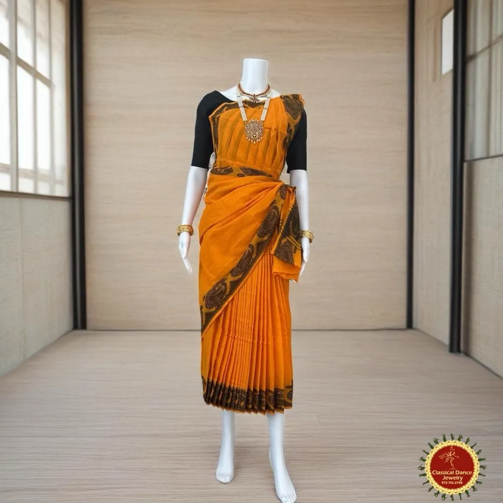 ORANGE YELLOW Pre-stitched Practice Sari BLACK Blouse | Half Saree Kalakshethra Sari | Bharatnatyam Kuchipudi Folk | Classical Dance Jewelry