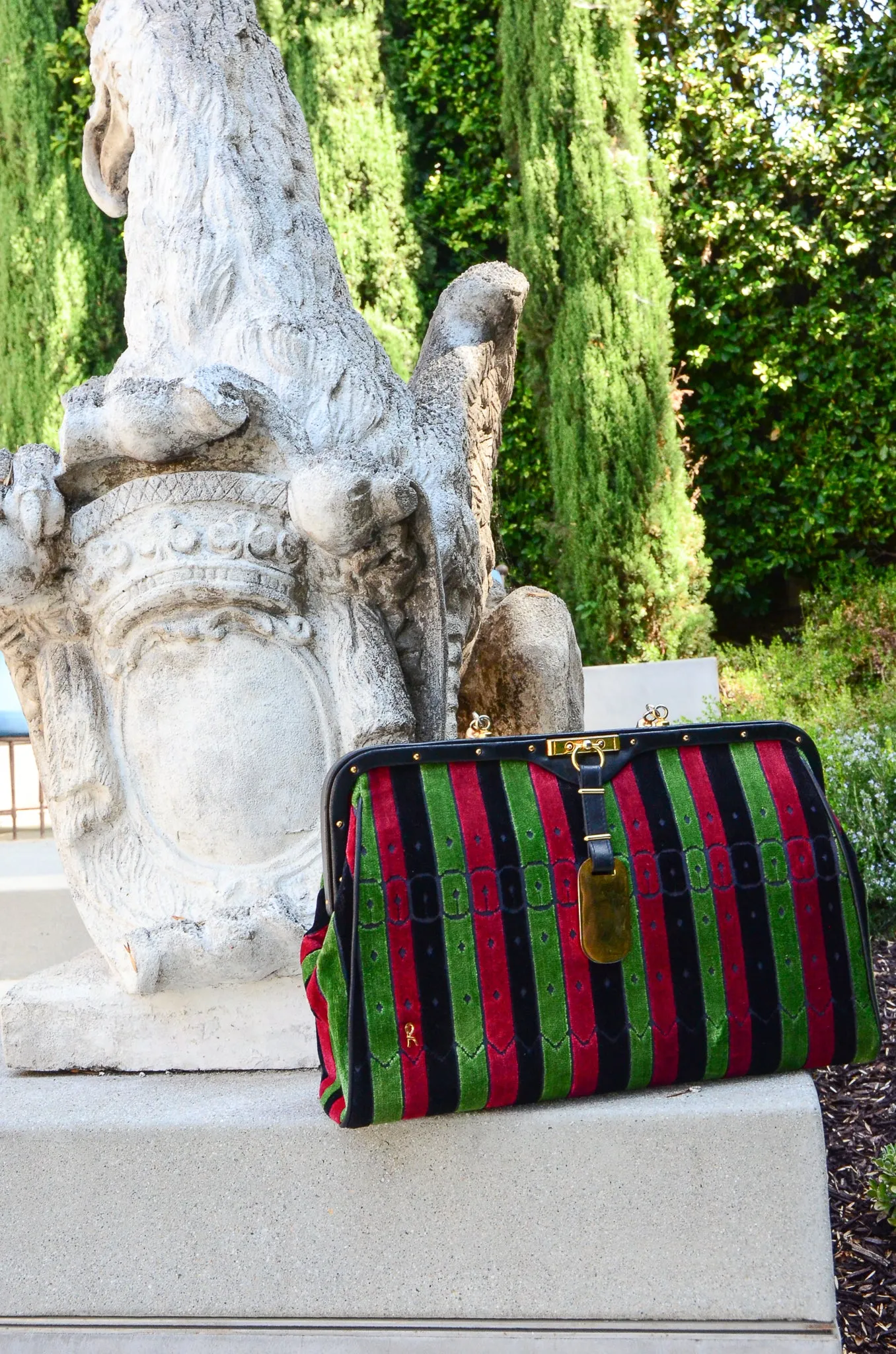 Oversized Buckle Striped Velvet Bag