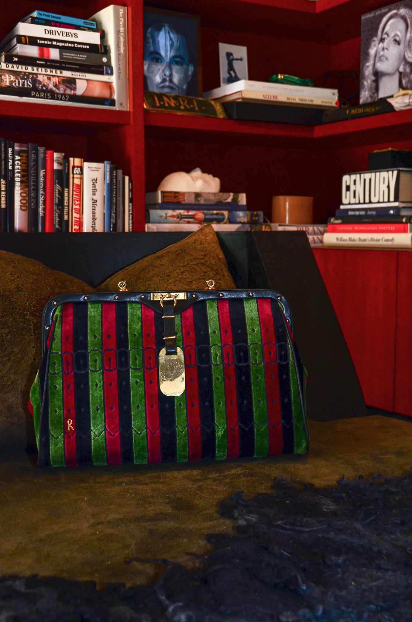 Oversized Buckle Striped Velvet Bag