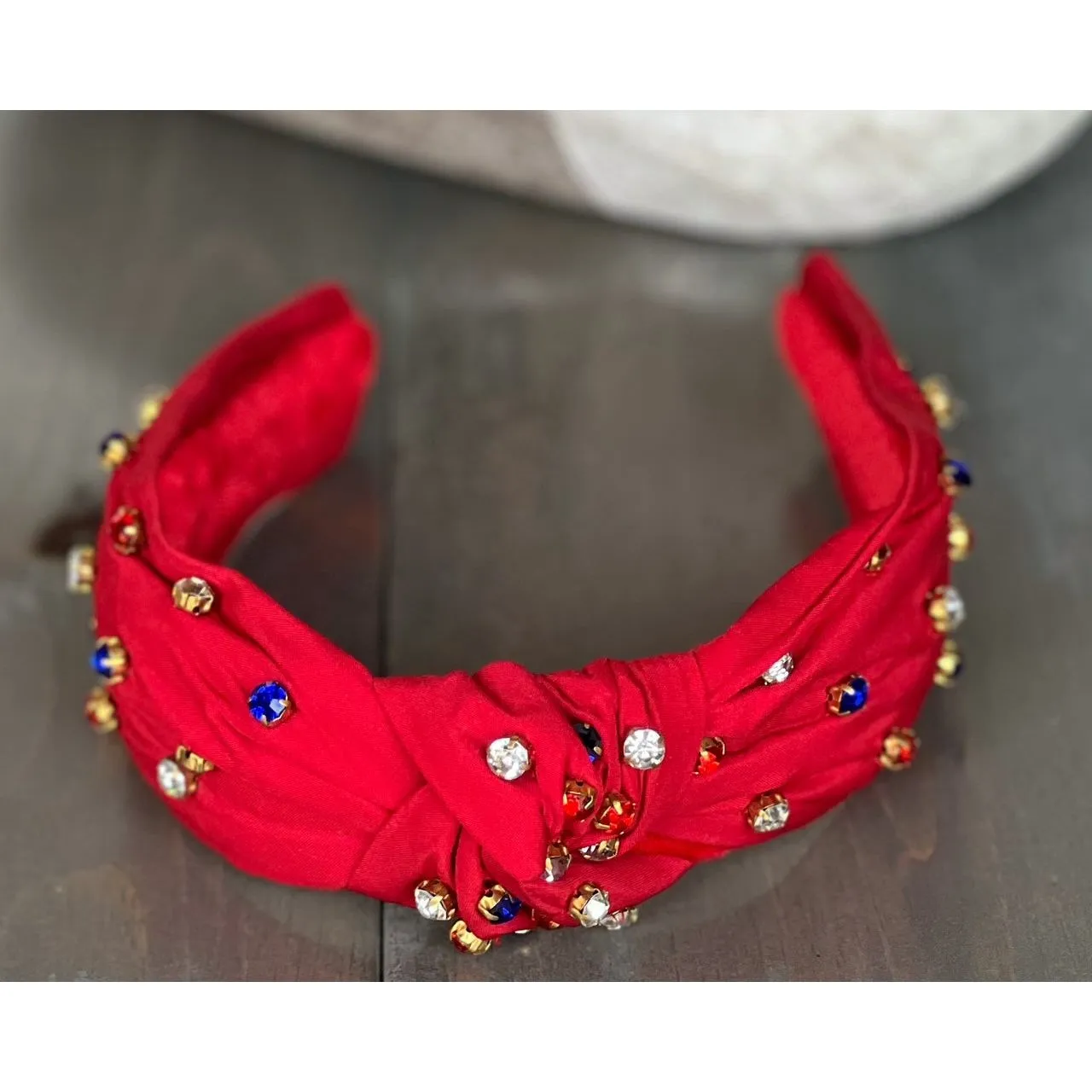 Patriotic Red, White, and Blue Jeweled Top Knot Red Headband 4th of July S
