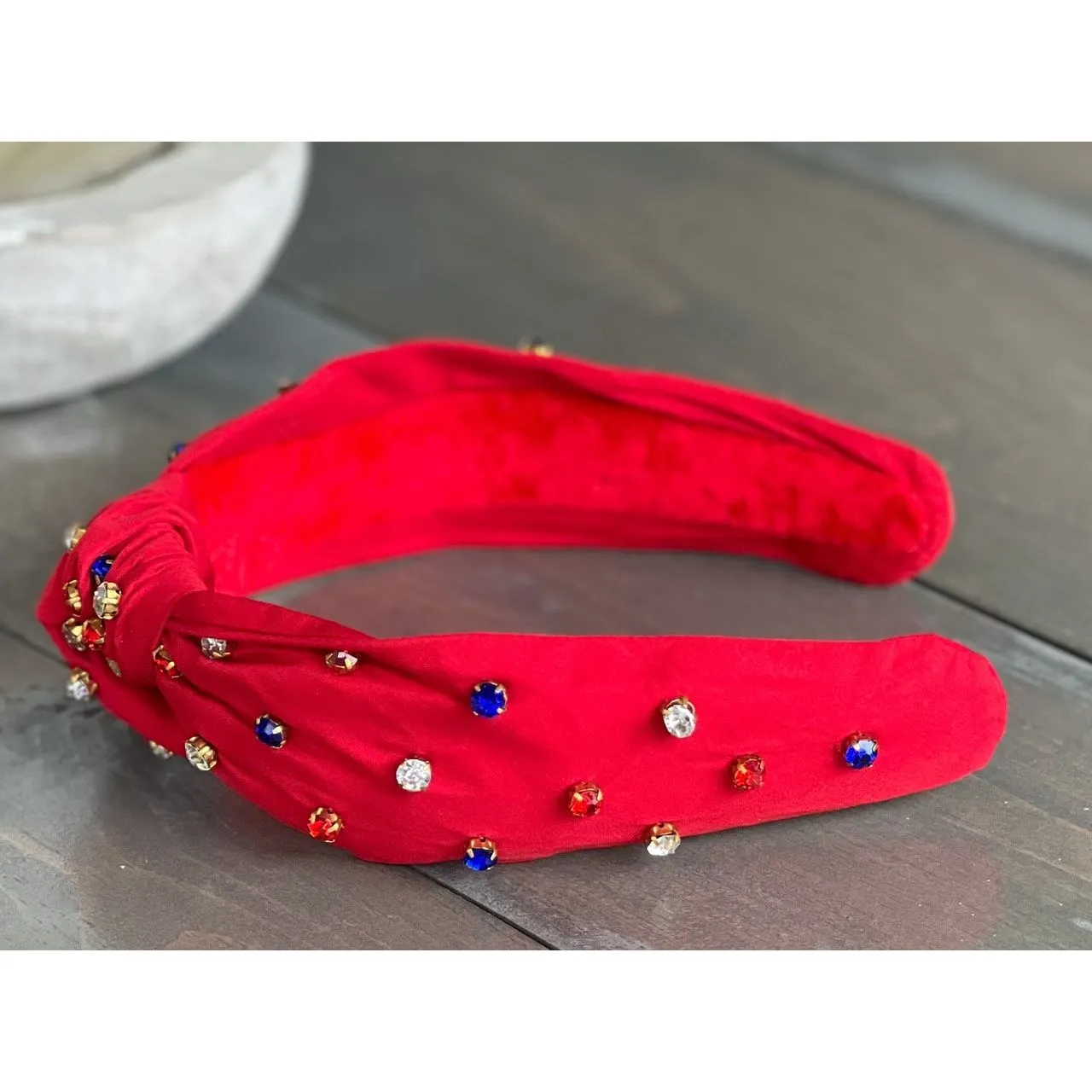 Patriotic Red, White, and Blue Jeweled Top Knot Red Headband 4th of July S