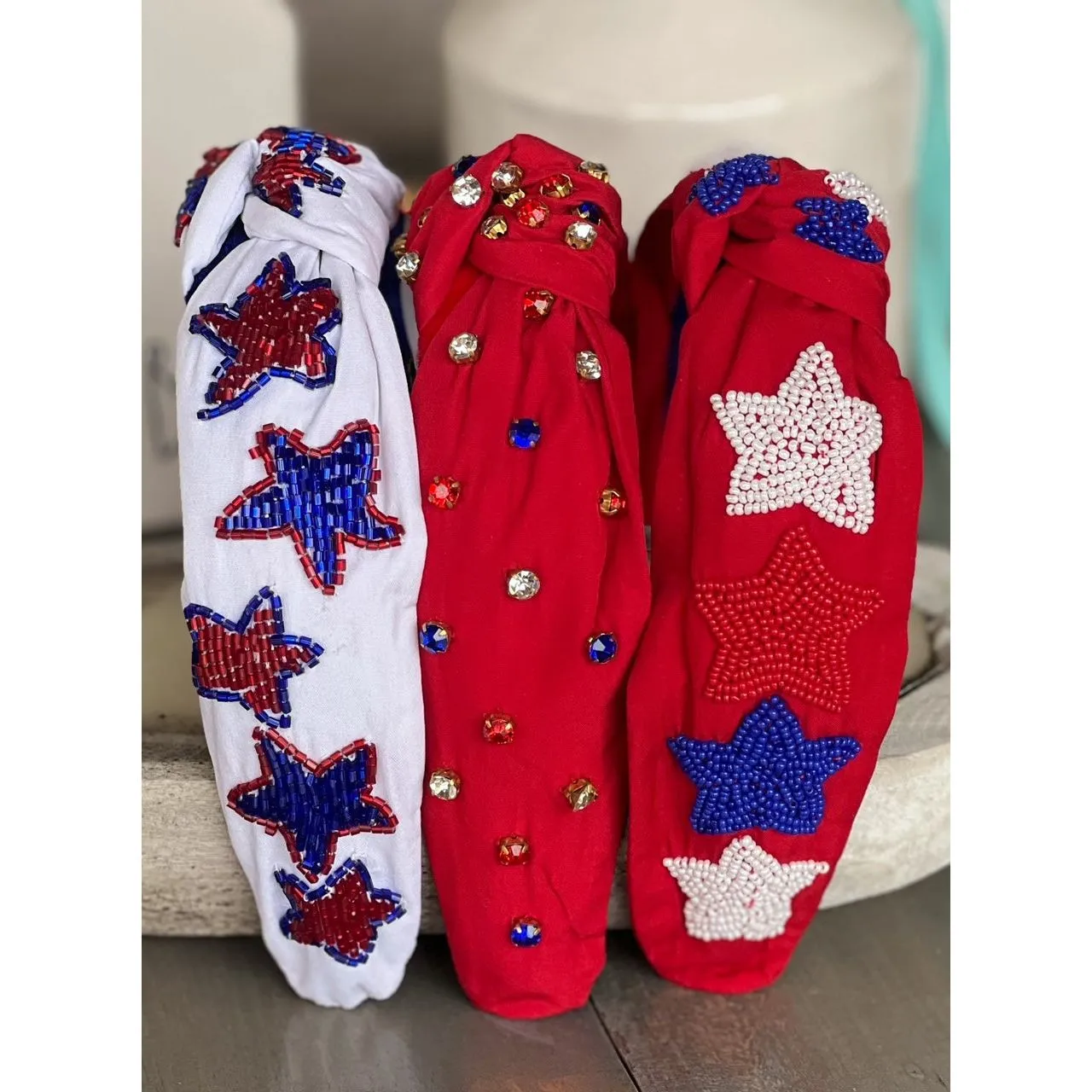 Patriotic Red, White, and Blue Jeweled Top Knot Red Headband 4th of July S