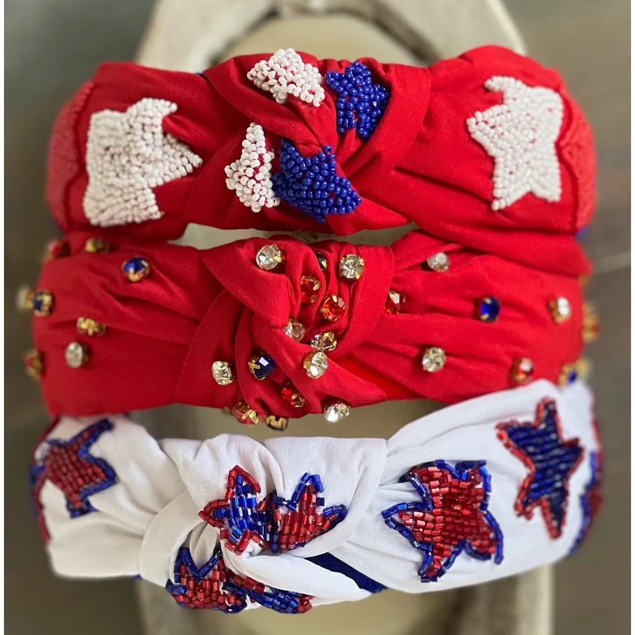 Patriotic Red, White, and Blue Jeweled Top Knot Red Headband 4th of July S