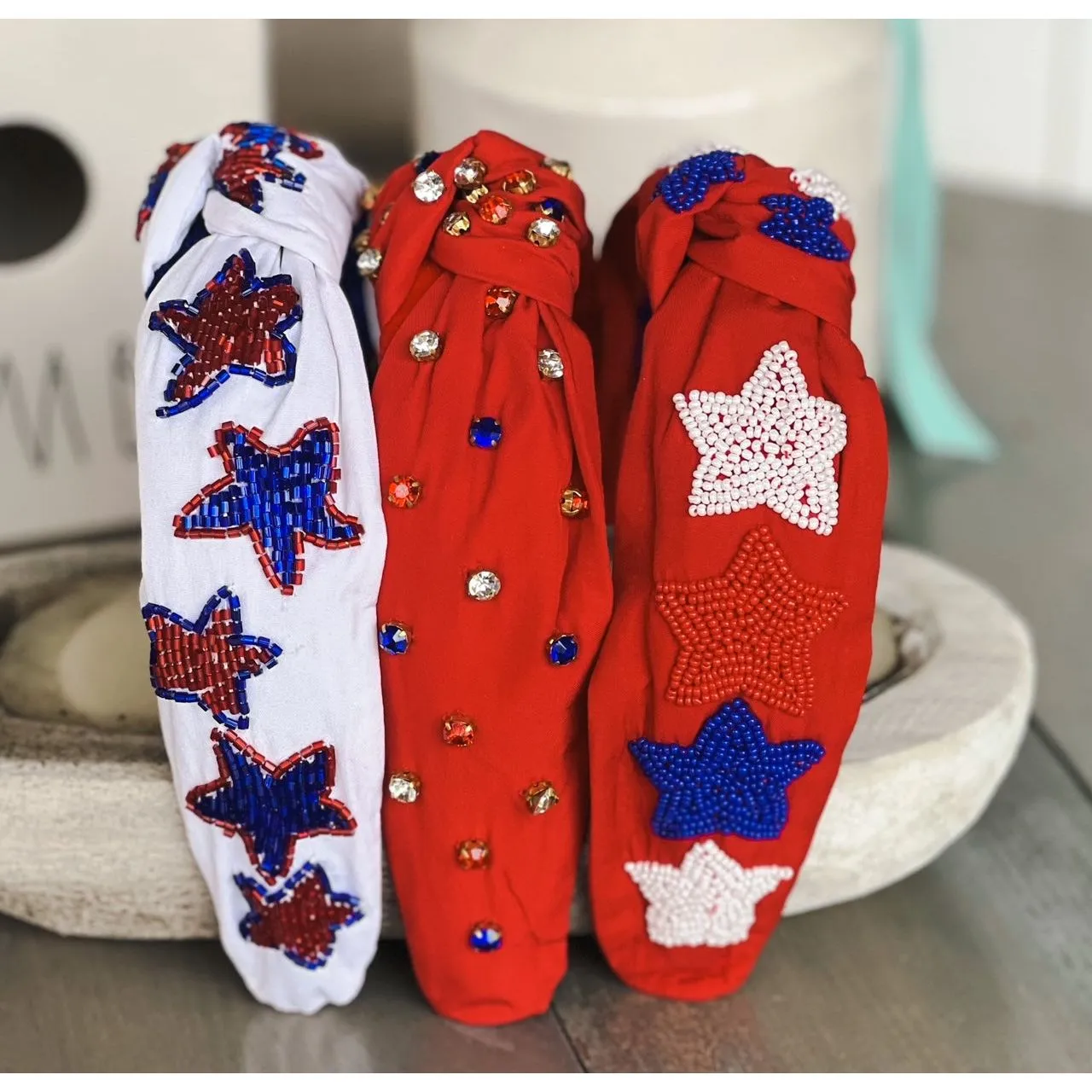 Patriotic Red, White, and Blue Jeweled Top Knot Red Headband 4th of July S