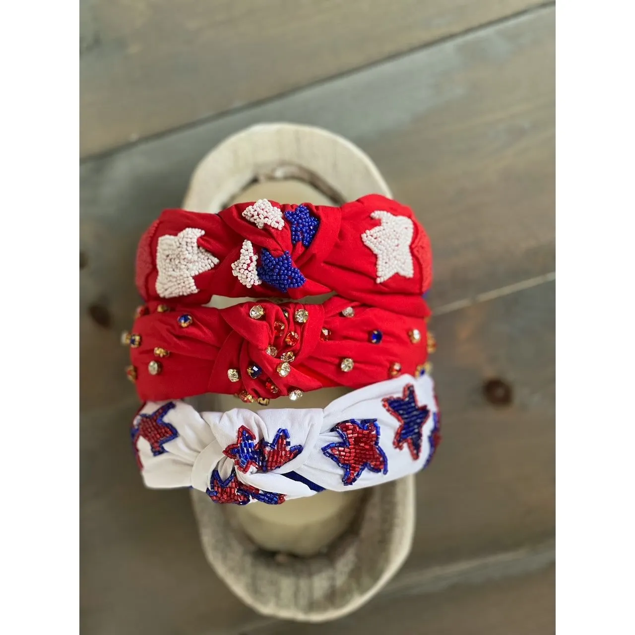 Patriotic Red, White, and Blue Jeweled Top Knot Red Headband 4th of July S