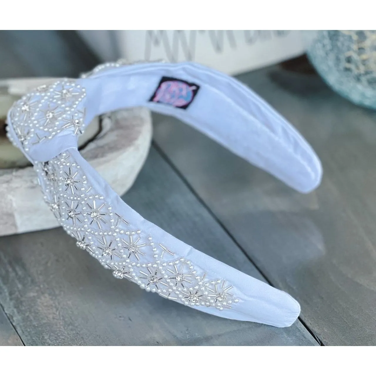 Pearl and Rhinestone Seed Beaded Top Knot Headband S