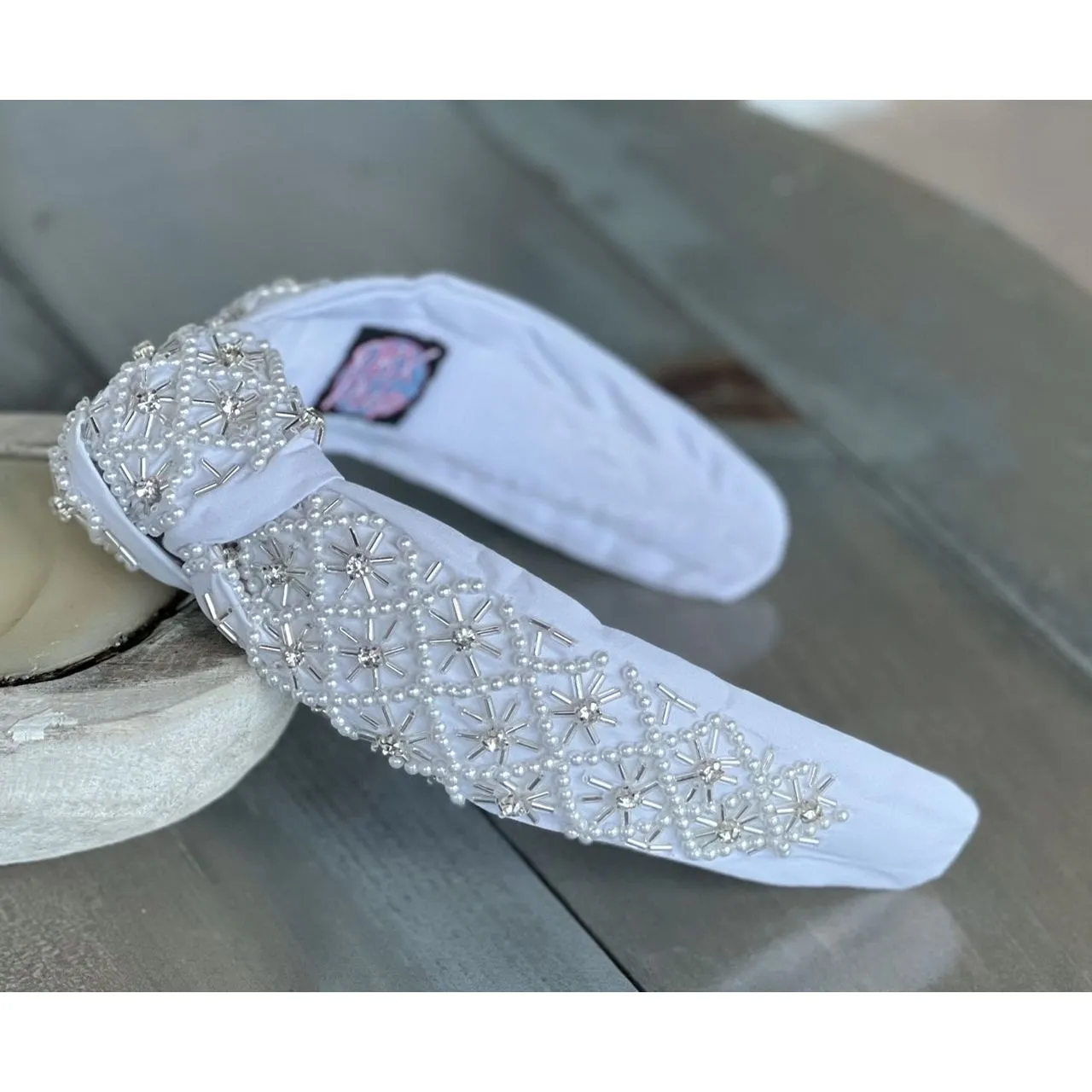 Pearl and Rhinestone Seed Beaded Top Knot Headband S