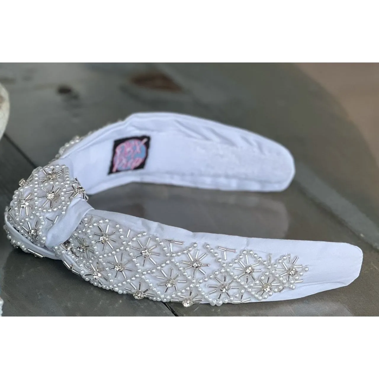 Pearl and Rhinestone Seed Beaded Top Knot Headband S