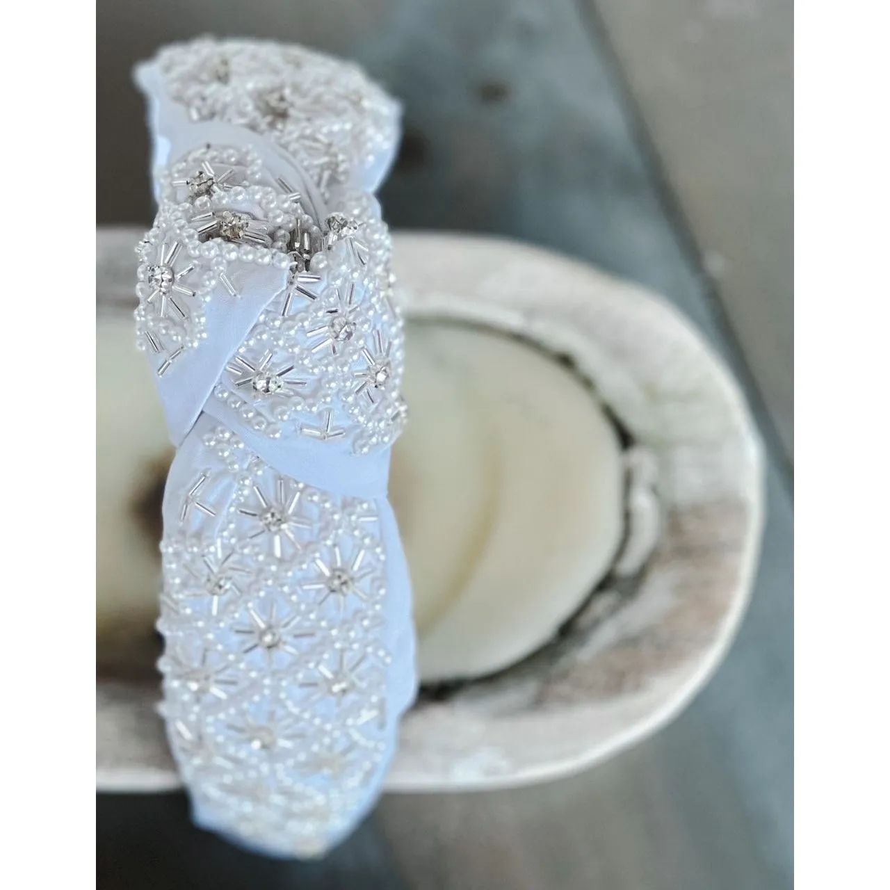 Pearl and Rhinestone Seed Beaded Top Knot Headband S
