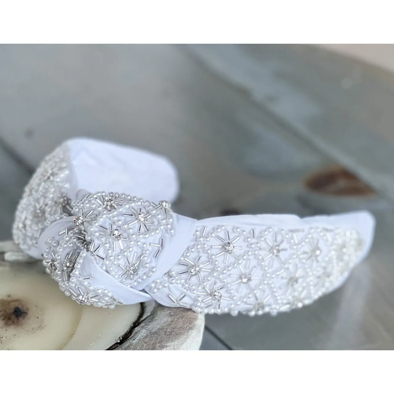 Pearl and Rhinestone Seed Beaded Top Knot Headband S