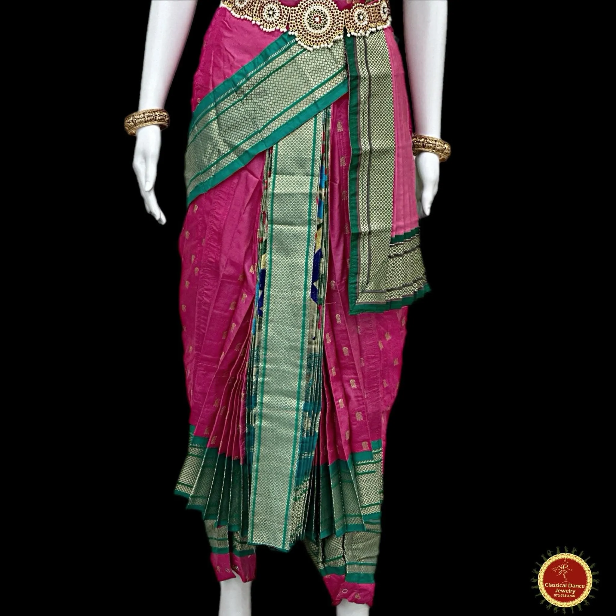 PINK GREEN 40 inchs Pant Length Kuchipudi Indian GOLD Zari Dance Costume | Paithani Art silk Dharmavaram Kanchi | Classical Dance Jewelry
