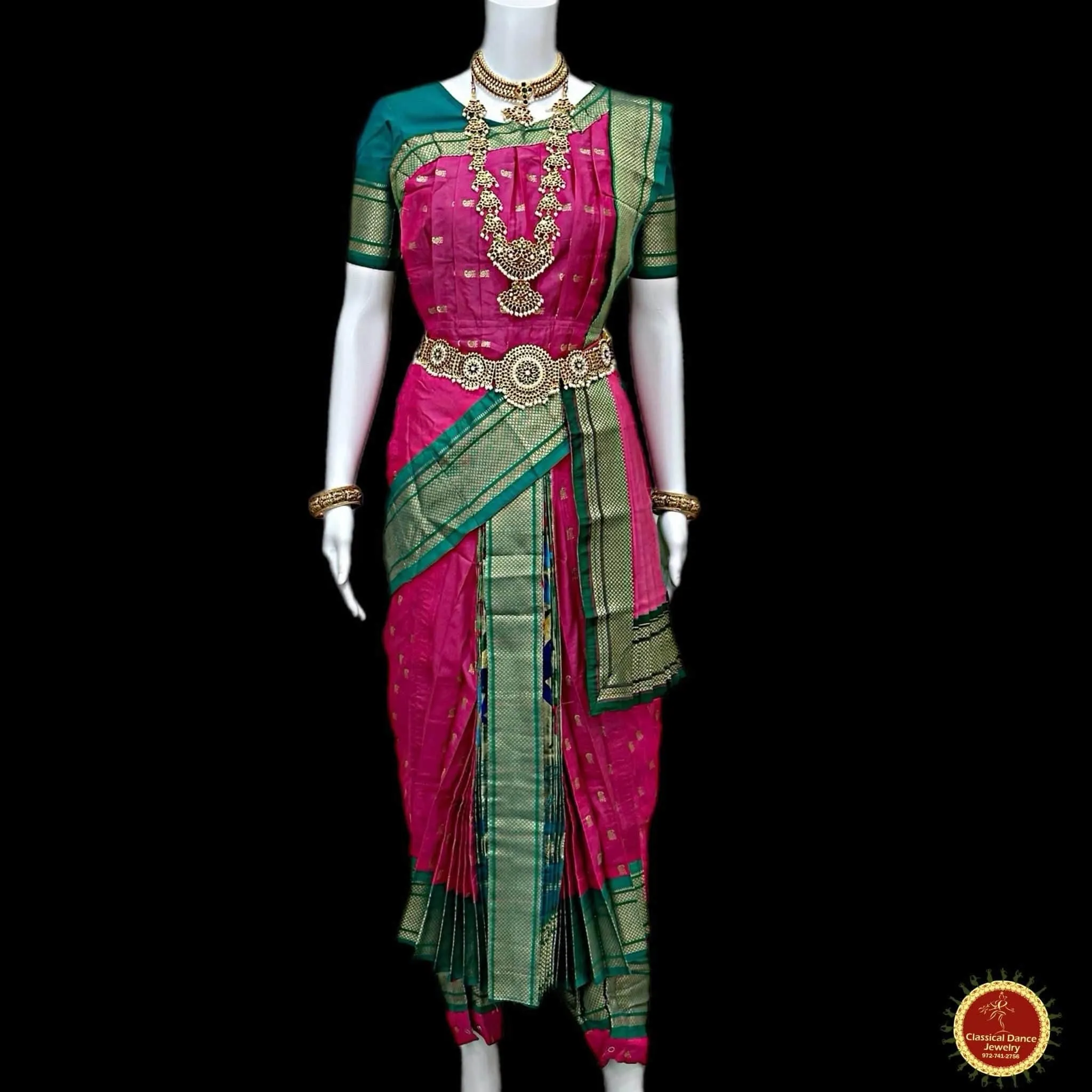 PINK GREEN 40 inchs Pant Length Kuchipudi Indian GOLD Zari Dance Costume | Paithani Art silk Dharmavaram Kanchi | Classical Dance Jewelry