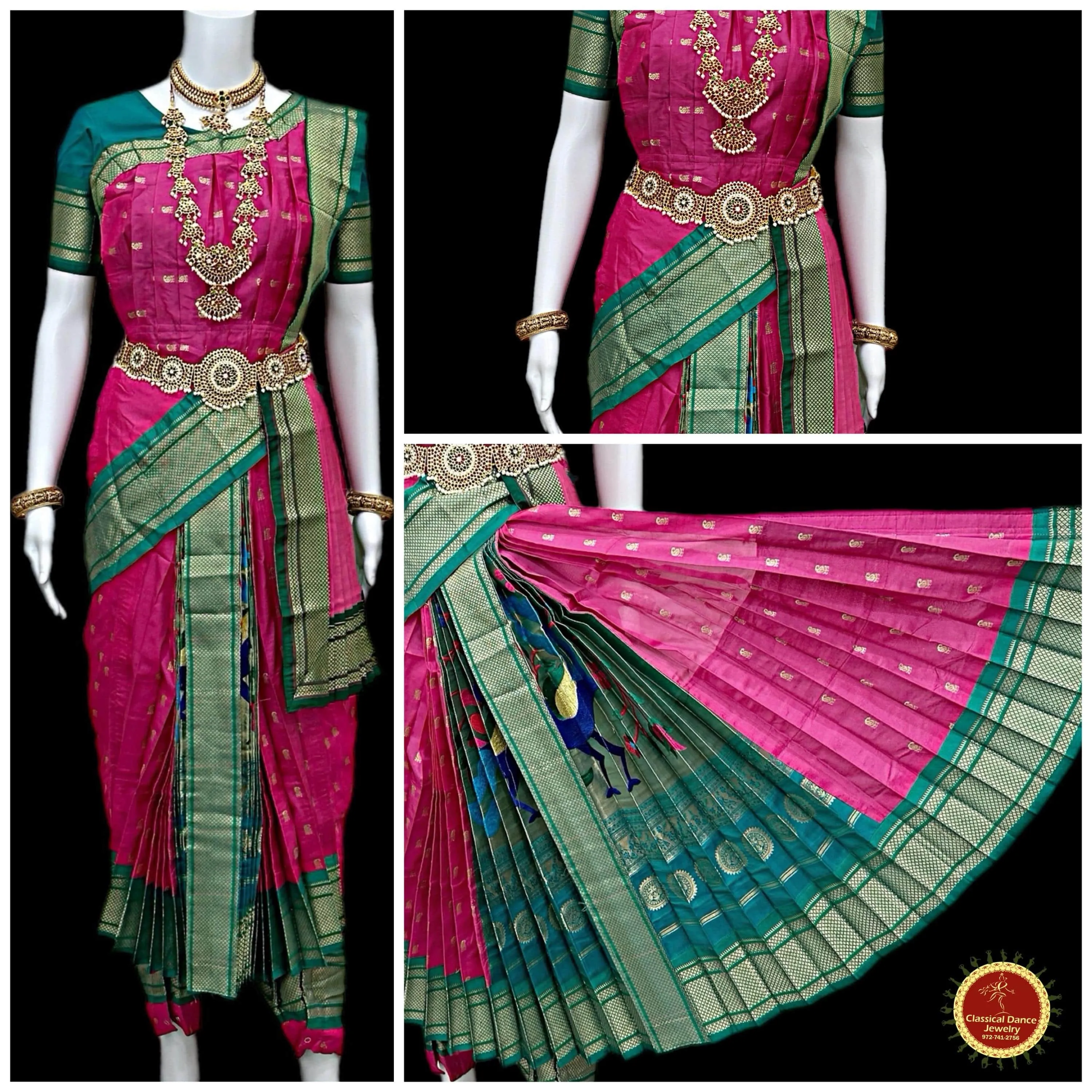 PINK GREEN 40 inchs Pant Length Kuchipudi Indian GOLD Zari Dance Costume | Paithani Art silk Dharmavaram Kanchi | Classical Dance Jewelry